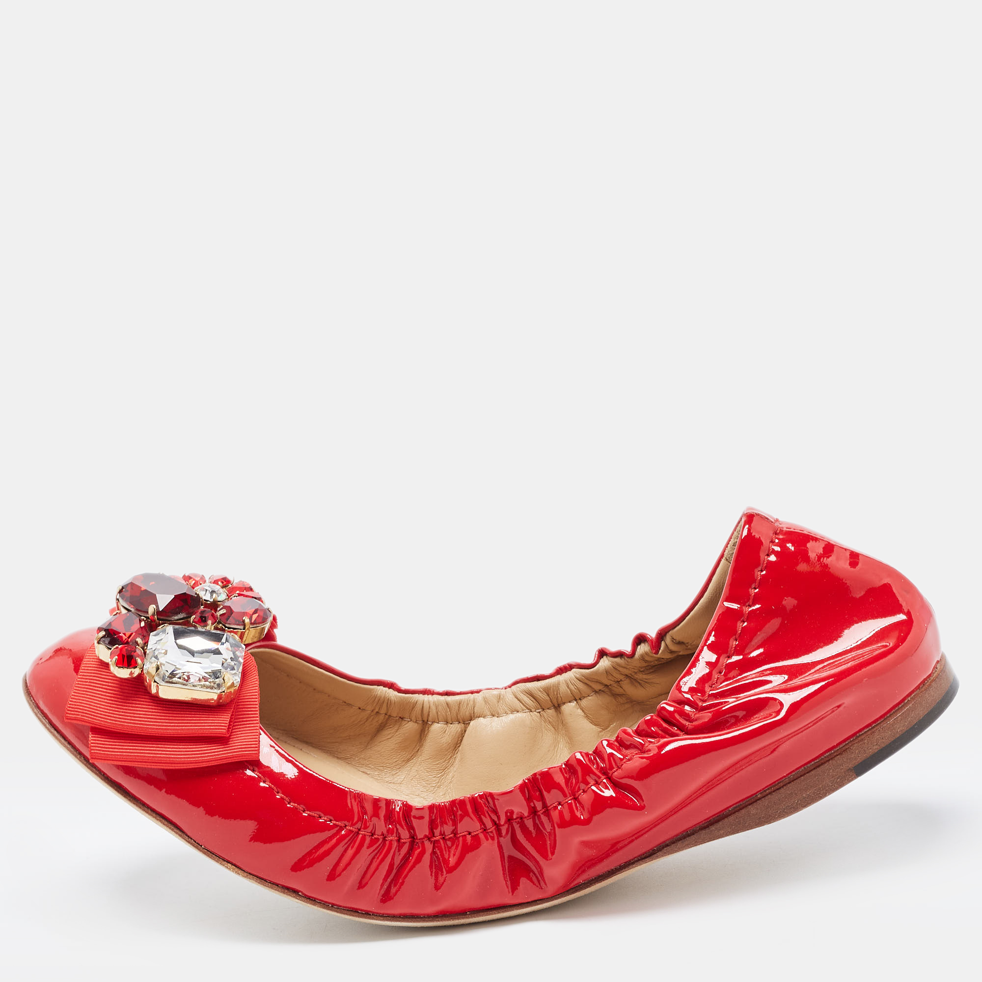 

Dolce & Gabbana Red Patent Leather Crystal Embellished Bow Scrunch Ballet Flats Size