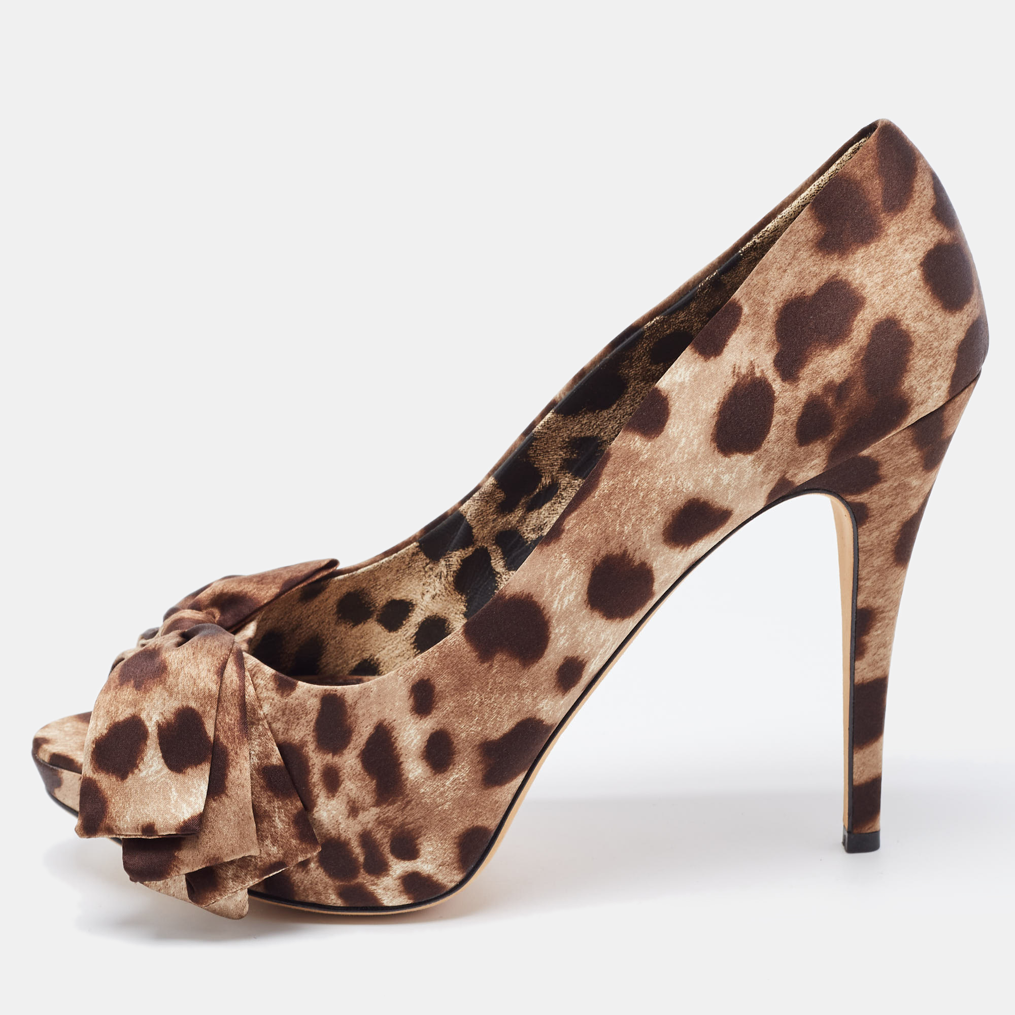 Pre-owned Dolce & Gabbana Brown/beige Leopard Print Satin Bow Peep Toe Pumps Size 41