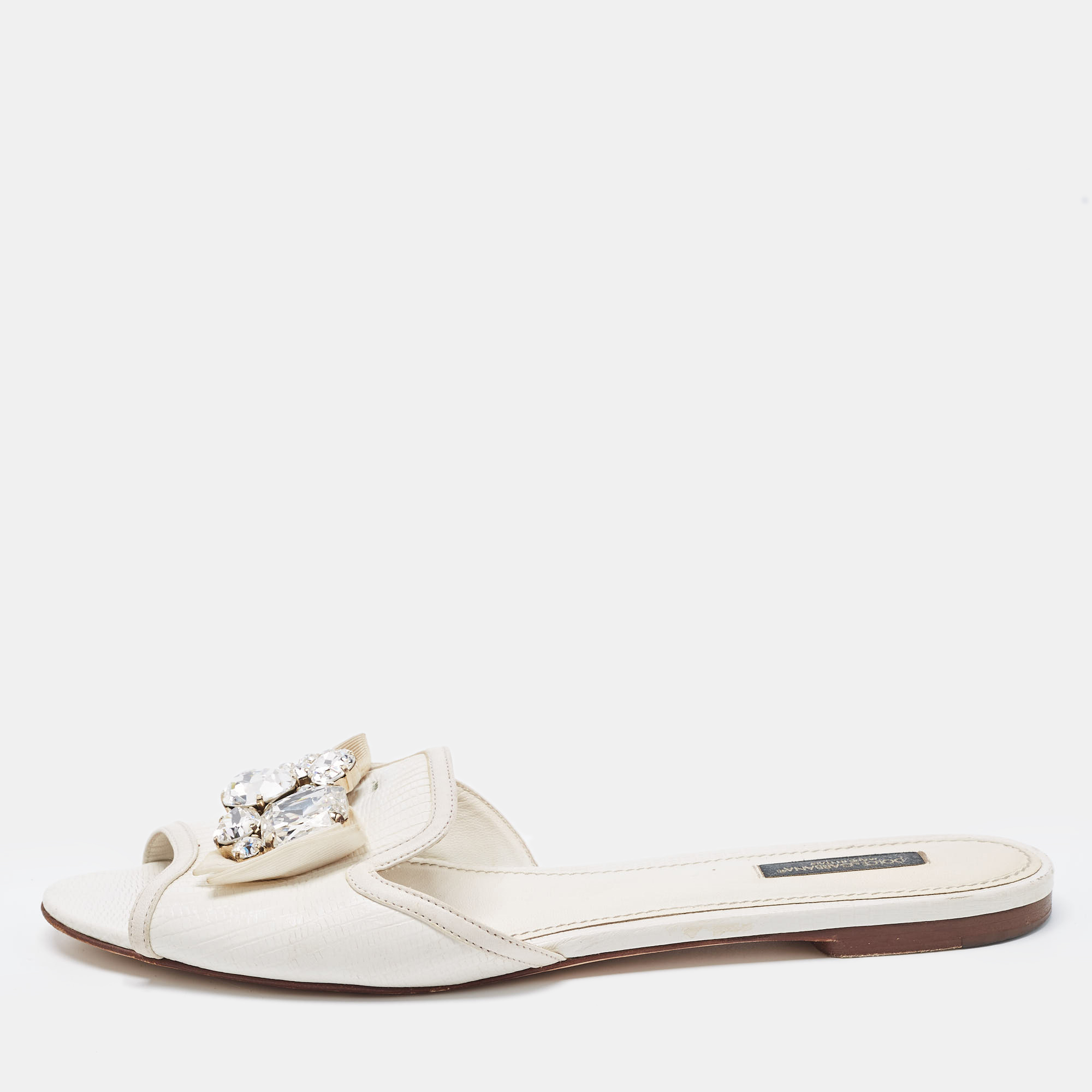 Pre-owned Dolce & Gabbana White Lizard Embossed Leather Crystal Embellished Bow Flat Slides Size 40.5