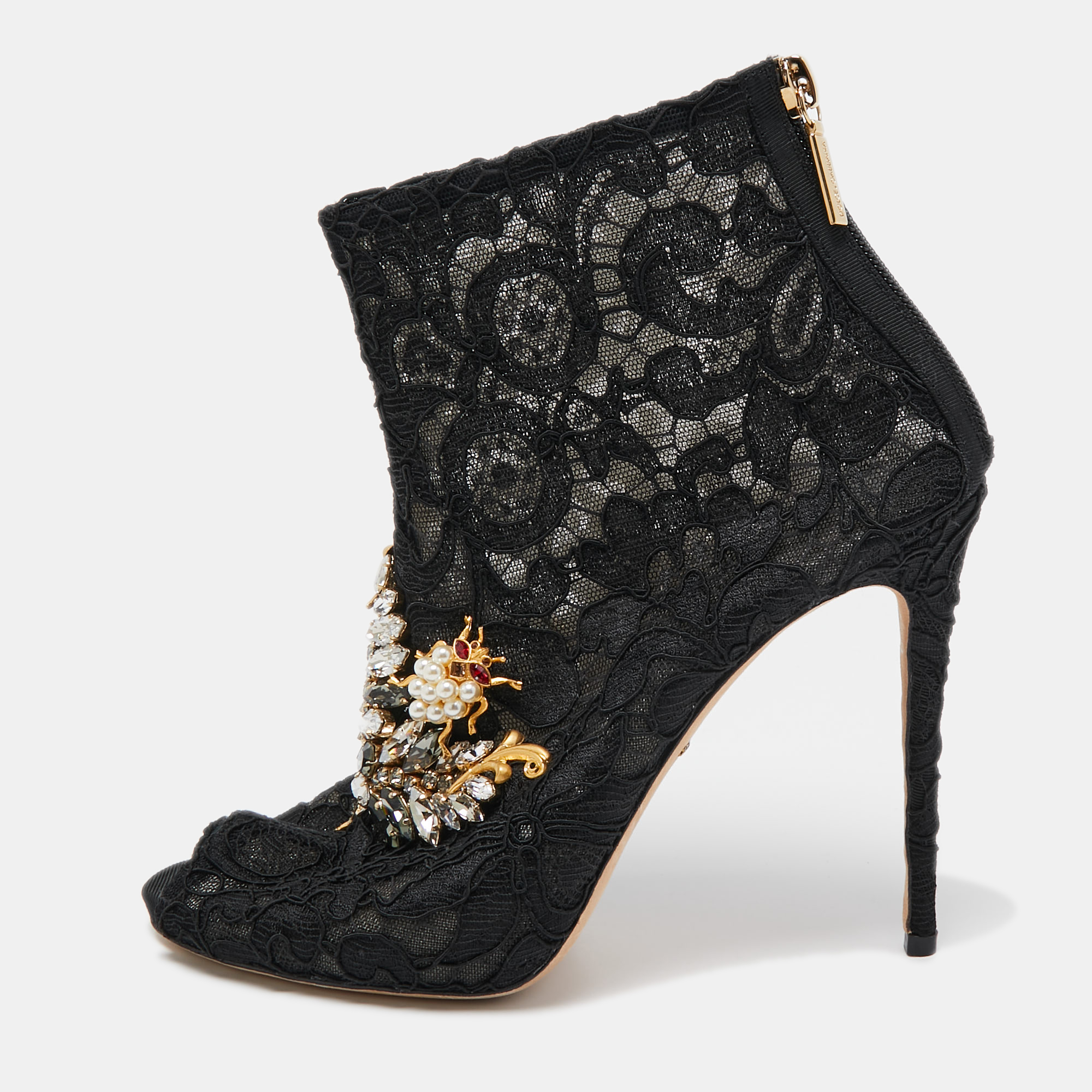 Pre-owned Dolce & Gabbana Black Lace Crystal Embellished Peep Toe Booties Size 37.5