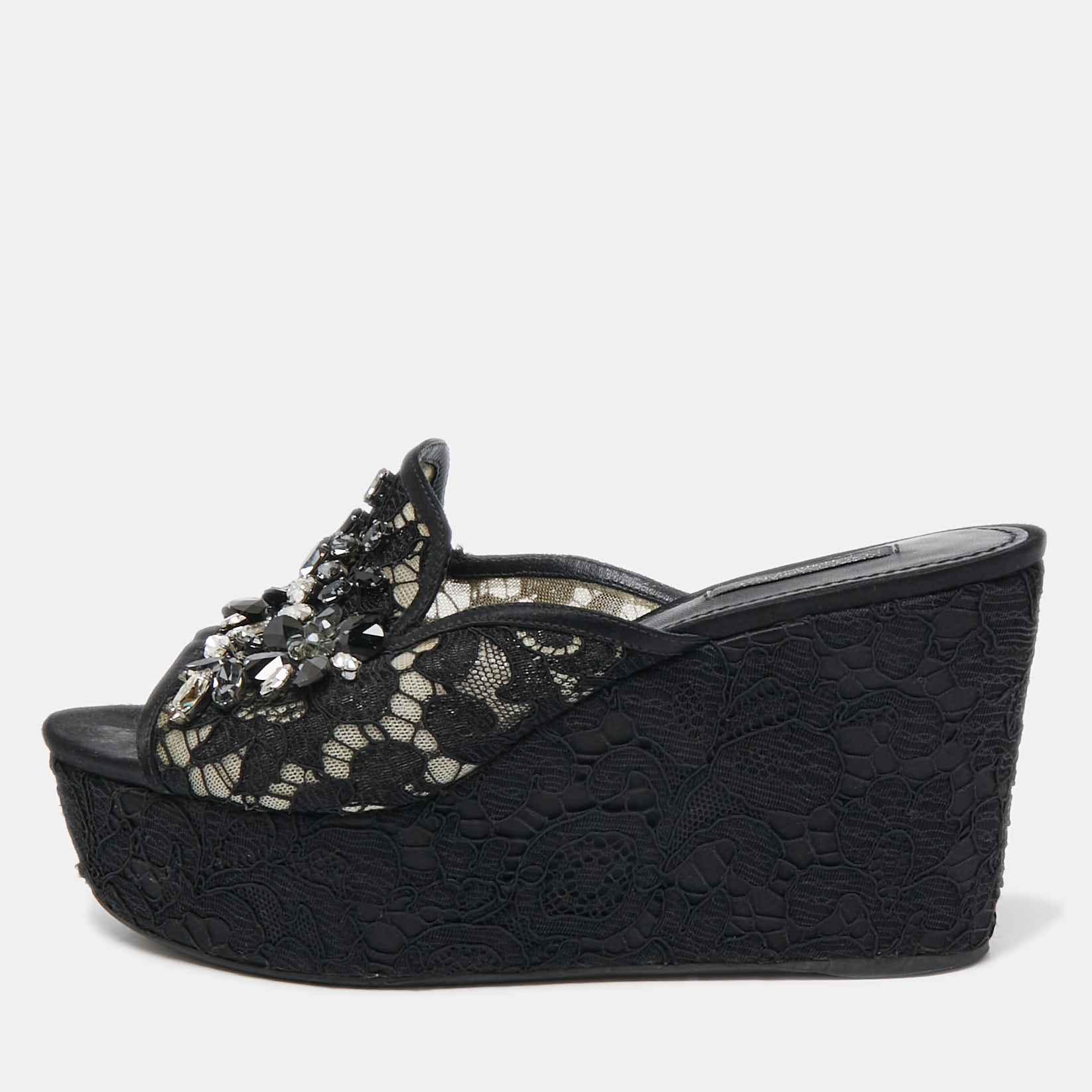 Pre-owned Dolce & Gabbana Black Lace Crystal Embellished Platform Wedge Slide Sandals Size 39