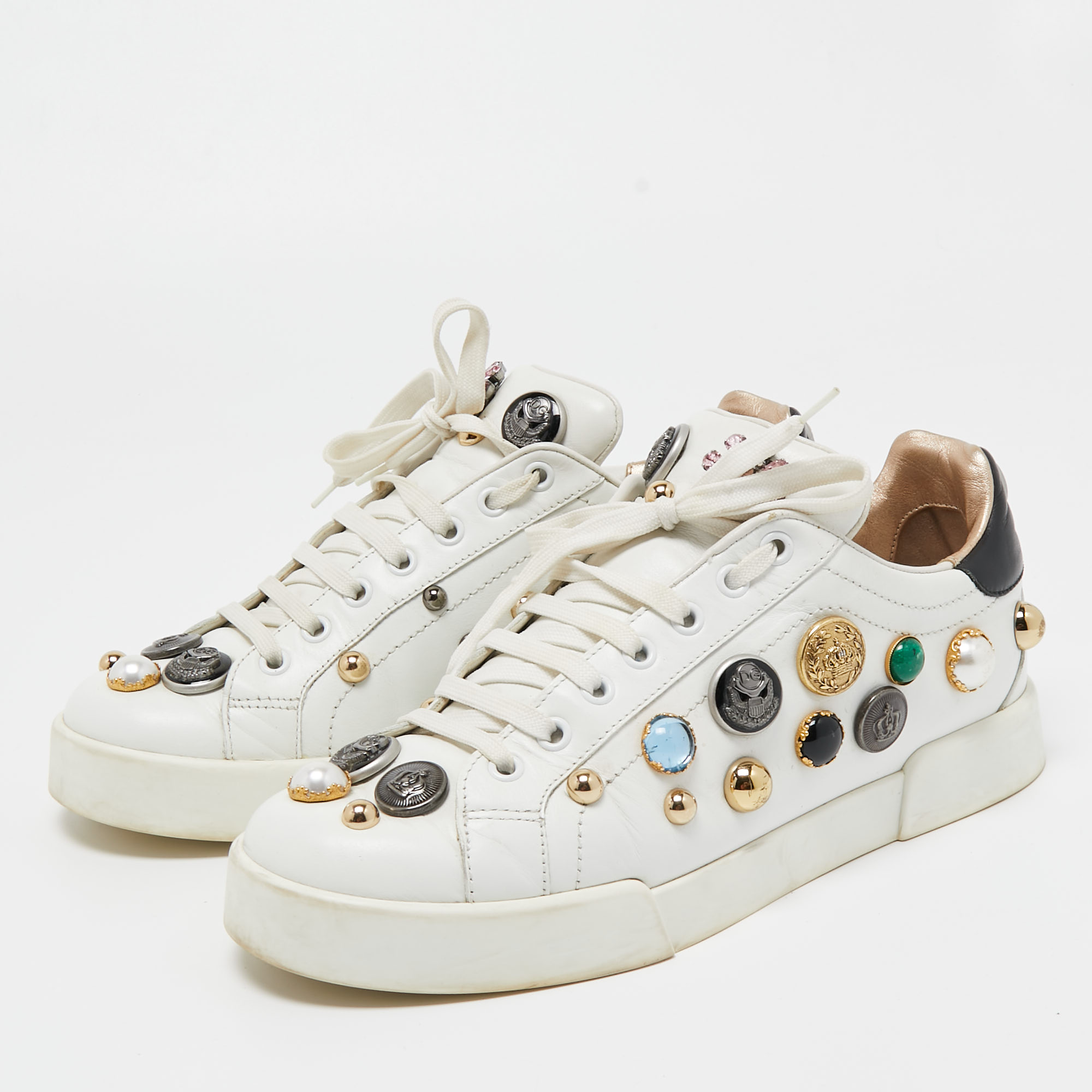 

Dolce & Gabbana White Leather Embellished Low Top Sneakers Size