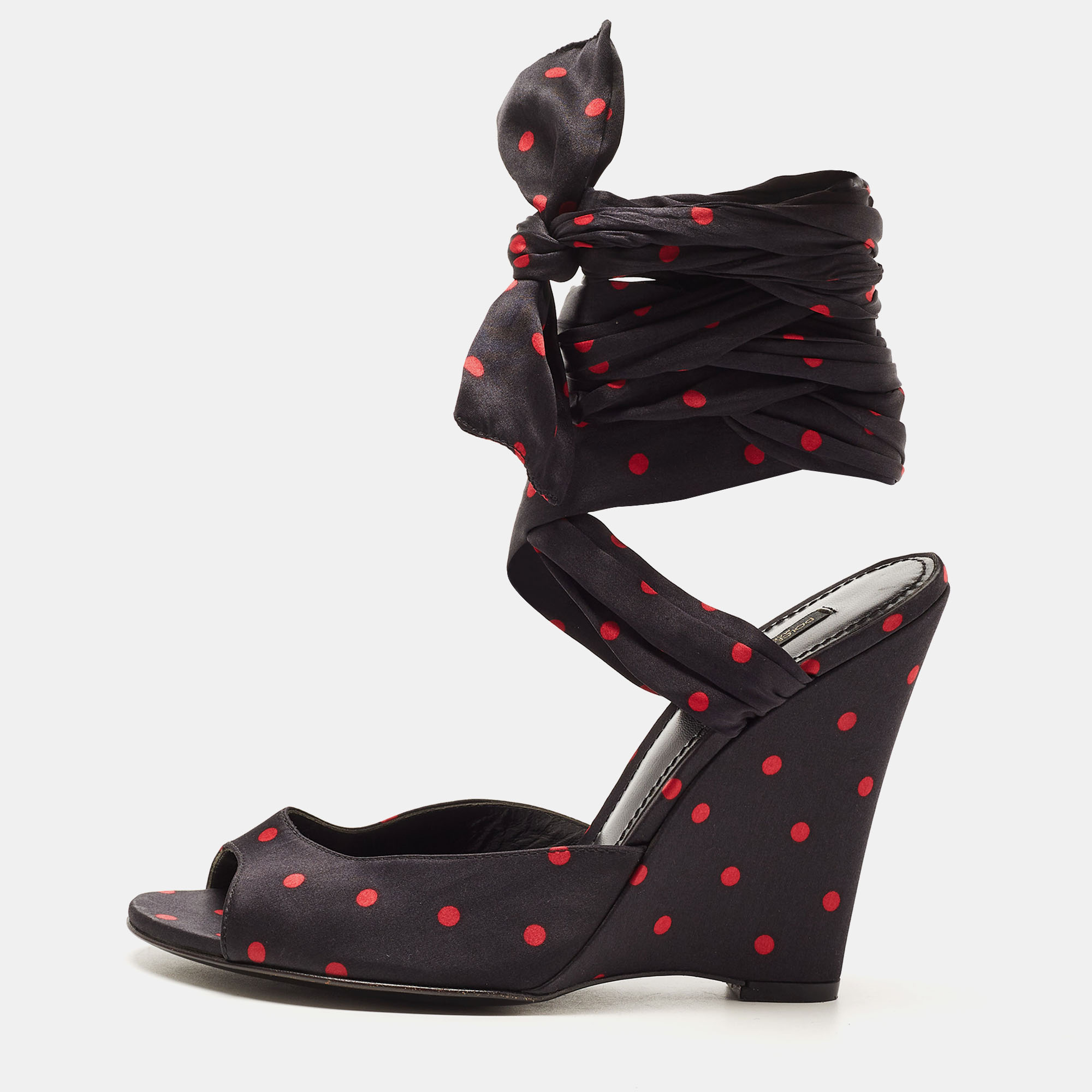 

Dolce & Gabbana Black Satin Ankle Wrap Wedge Sandals Size