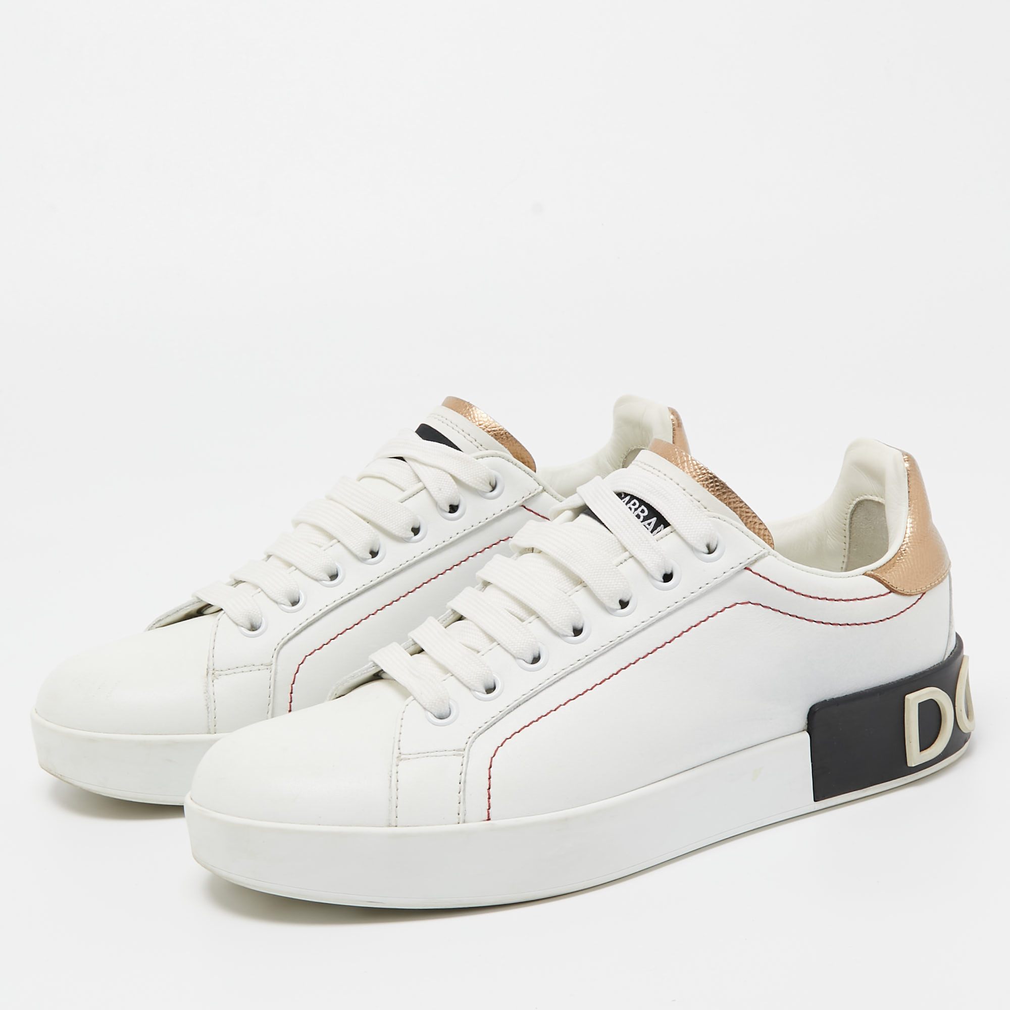 

Dolce & Gabbana White/Gold Leather Portofino Low Top Sneakers Size