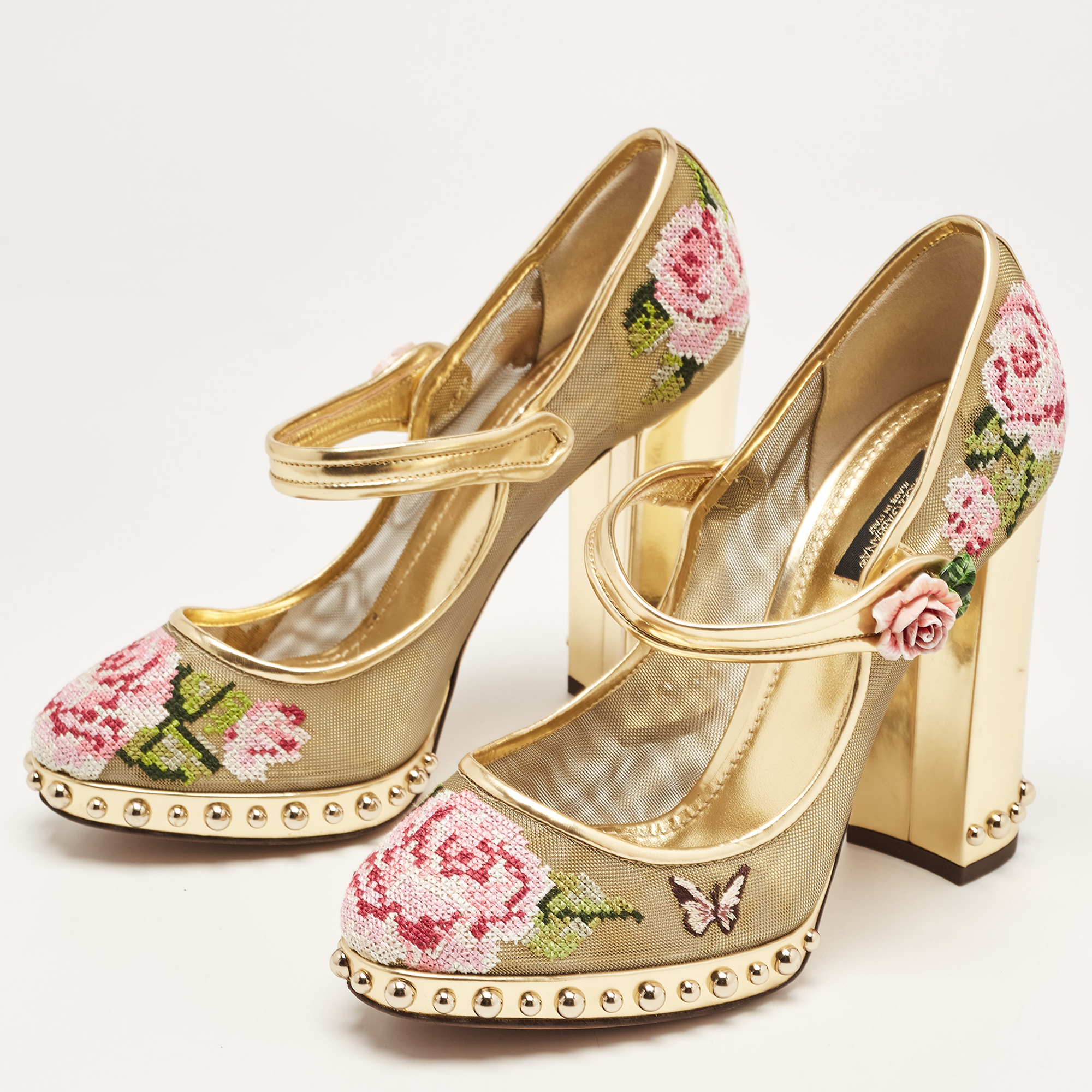 

Dolce & Gabbana Gold Mesh and Leather Floral Print Studded Accents Mary Jane Block Heel Pumps Size