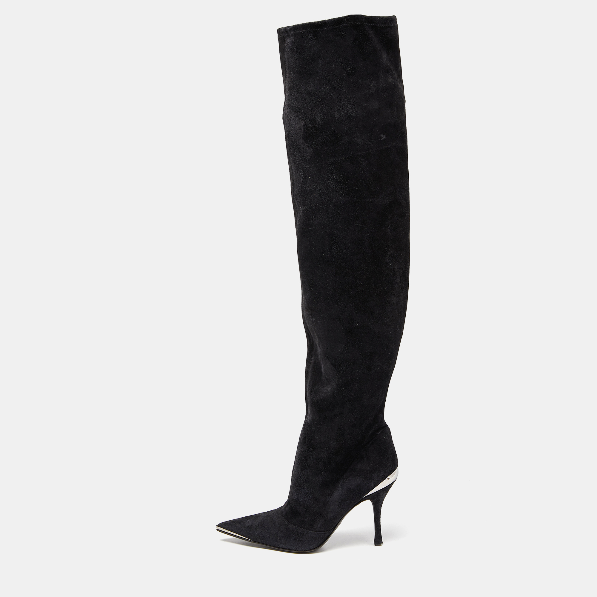 Get set to dazzle wherever you go with these over the knee boots from the house of Dolce and Gabbana. The black boots are crafted from suede and feature pointed toes and 10 cm heels.