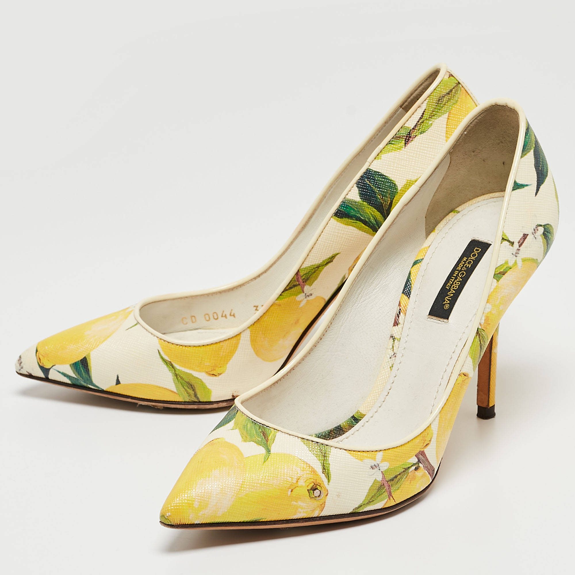 

Dolce & Gabbana Tricolor Lemon Print Textured Leather Pointed Toe Pumps Size, Yellow