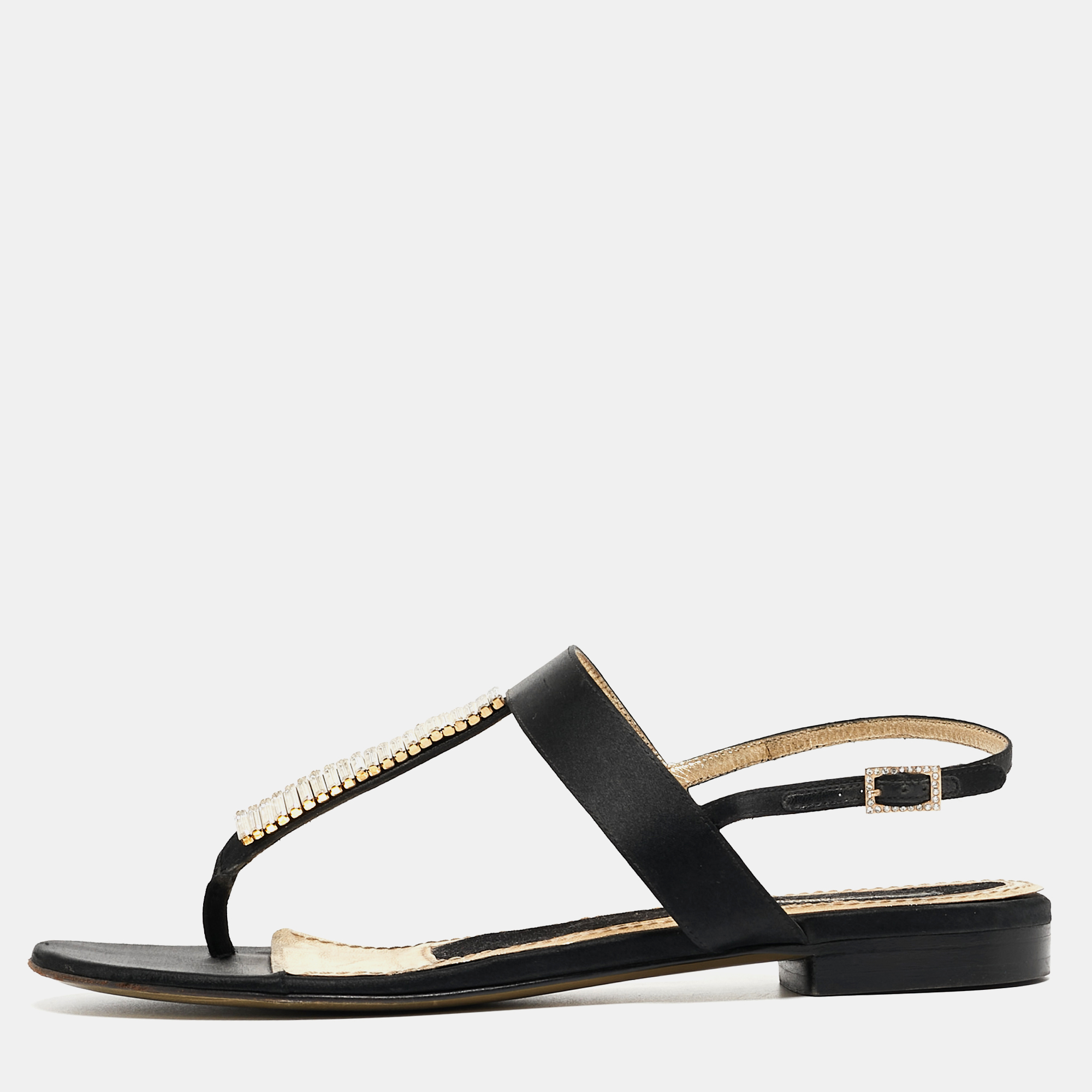 

Dolce & Gabbana Black Satin Crystal Embellished Thong Flat Sandals Size