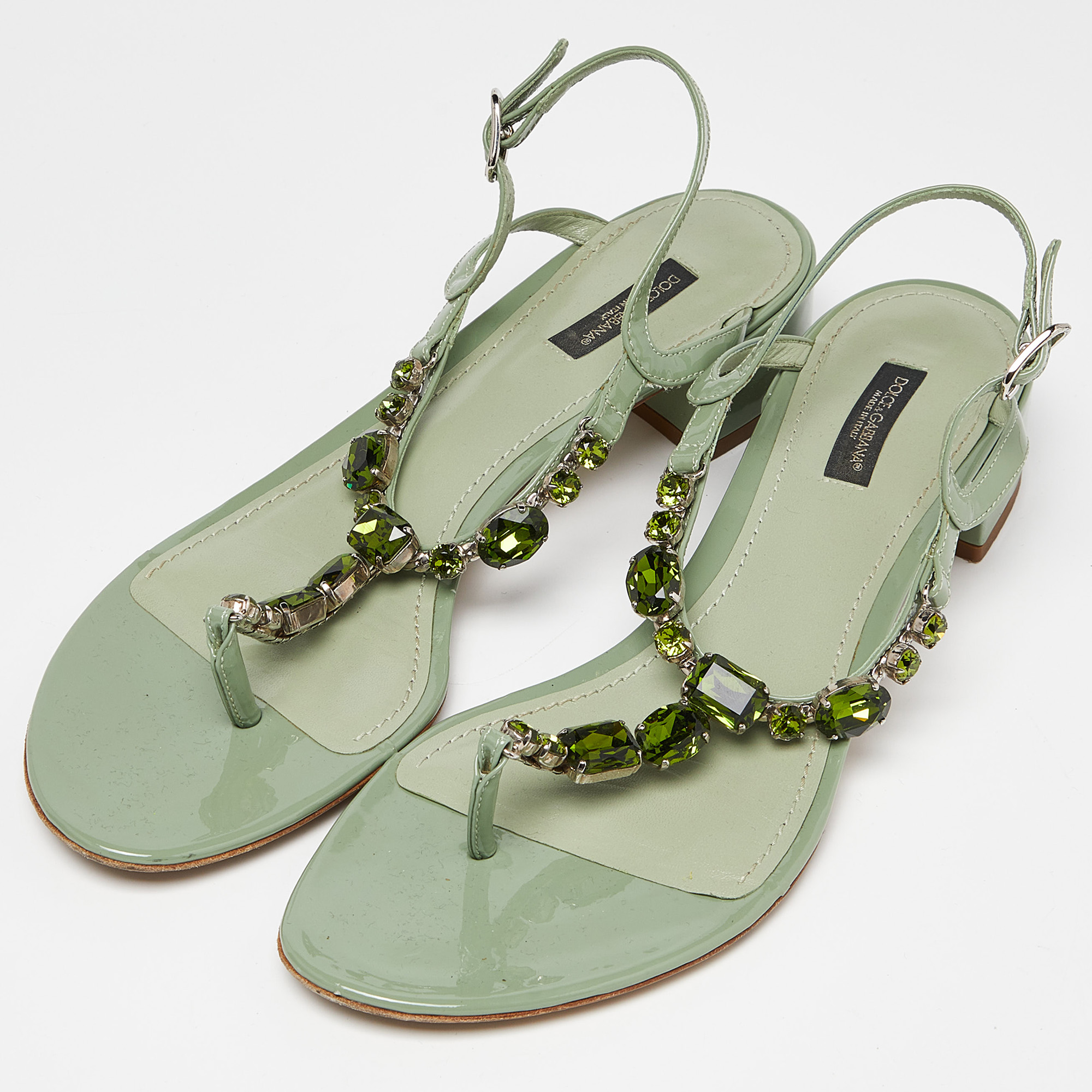 

Dolce & Gabbana Green Patent Leather Crystal Embellished Thong Sandals Size