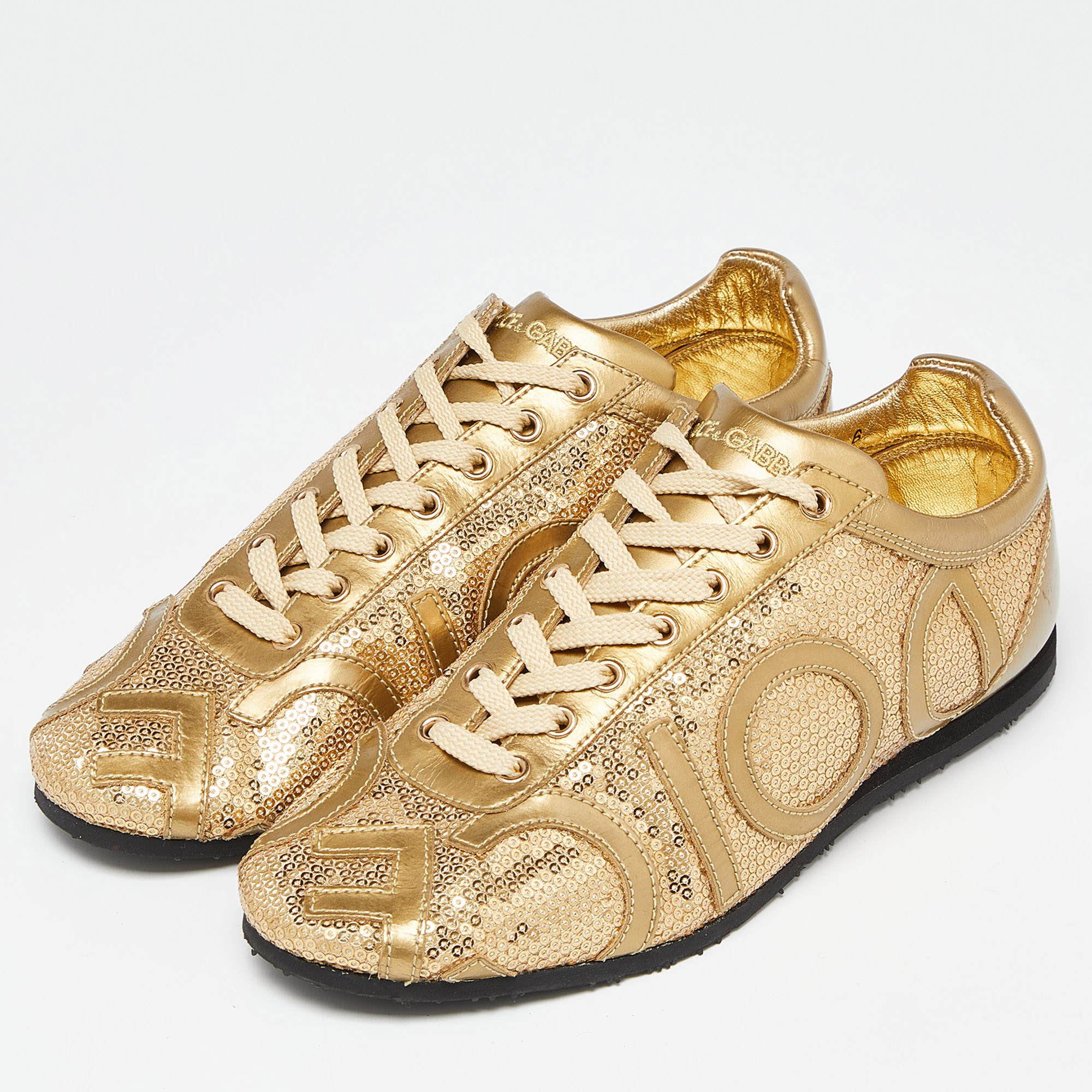 

Dolce & Gabbana Gold Patent Leather and Sequin Embellished Low Top Sneakers Size