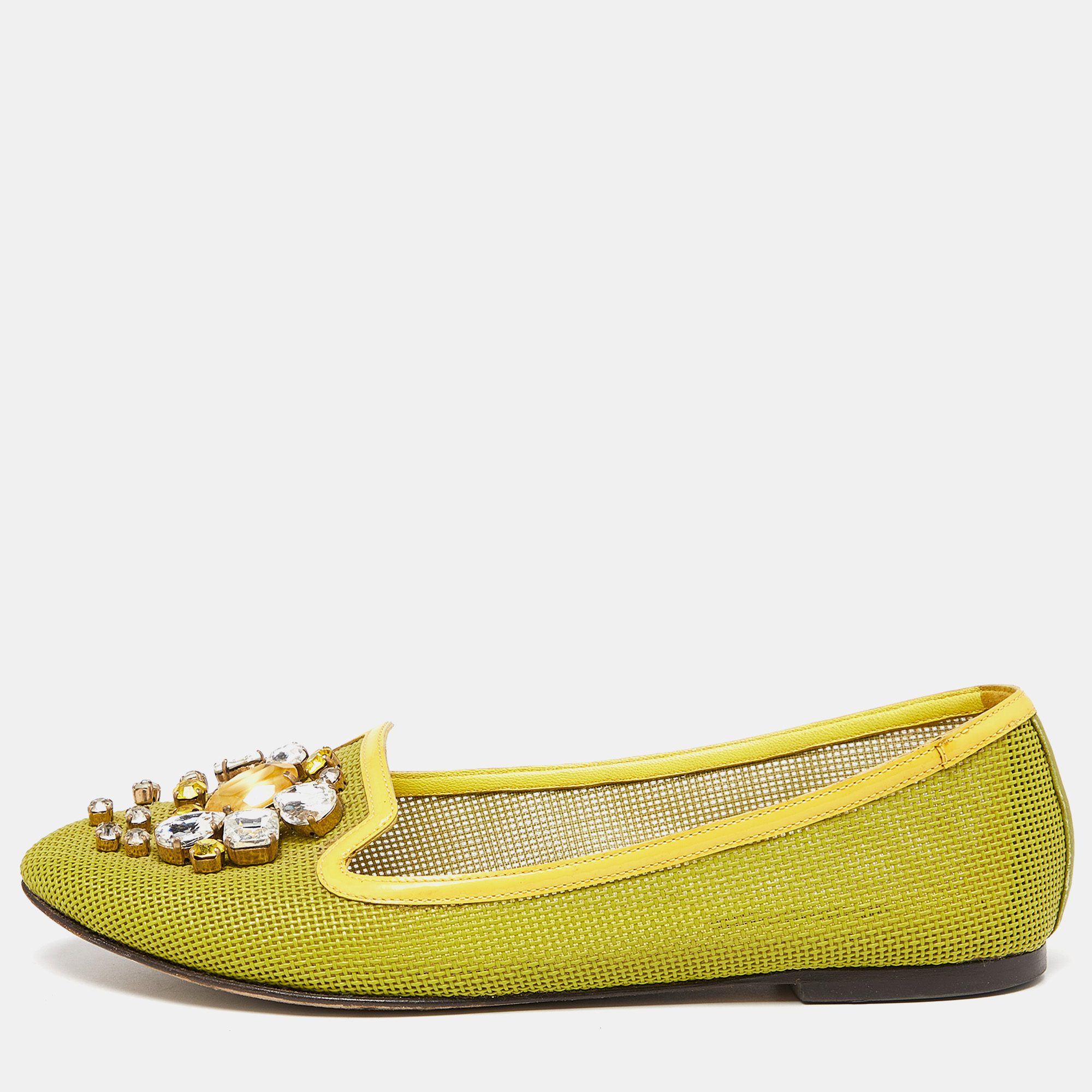 Pre-owned Dolce & Gabbana Mustard Mesh And Patent Leather Embellished Ballet Flats Size 37.5 In Yellow