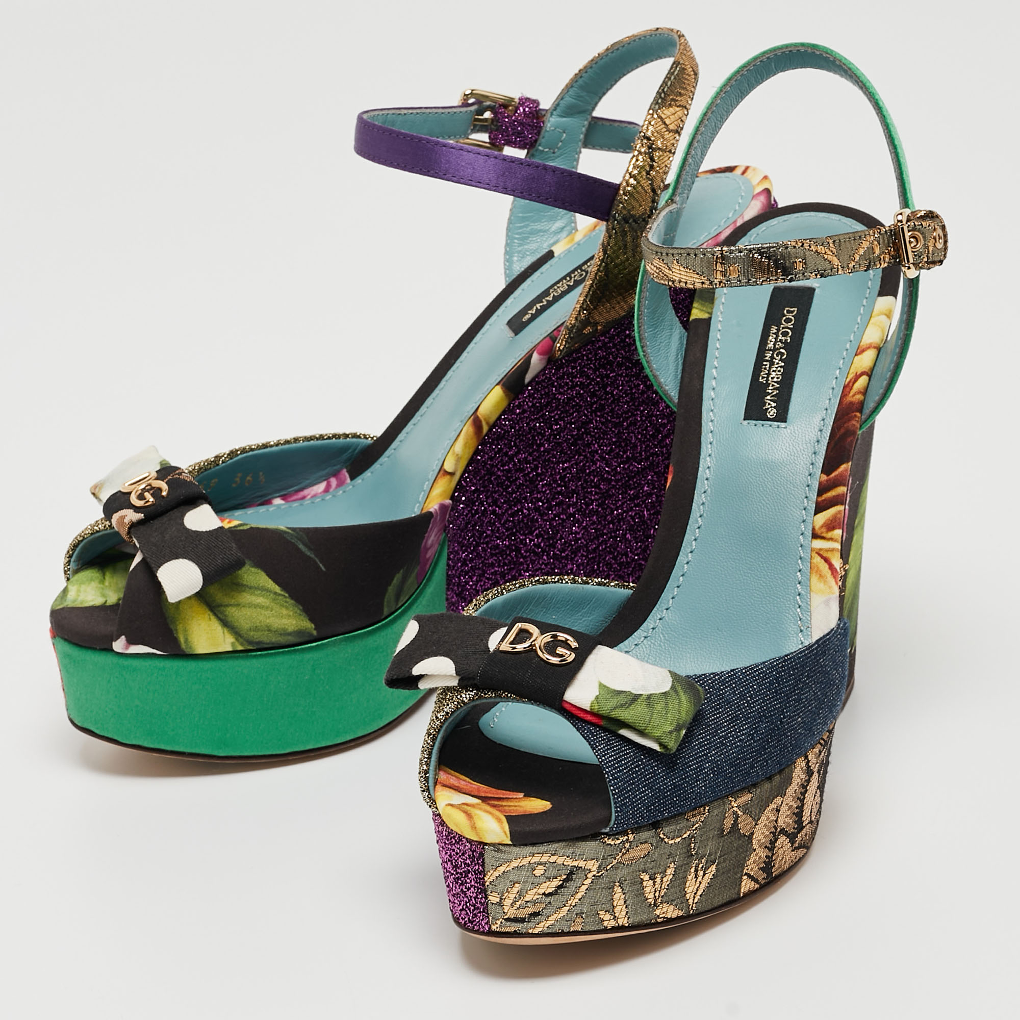 

Dolce & Gabbana Multicolor Fabric and Leather Platform Wedge Ankle Strap Sandals Size