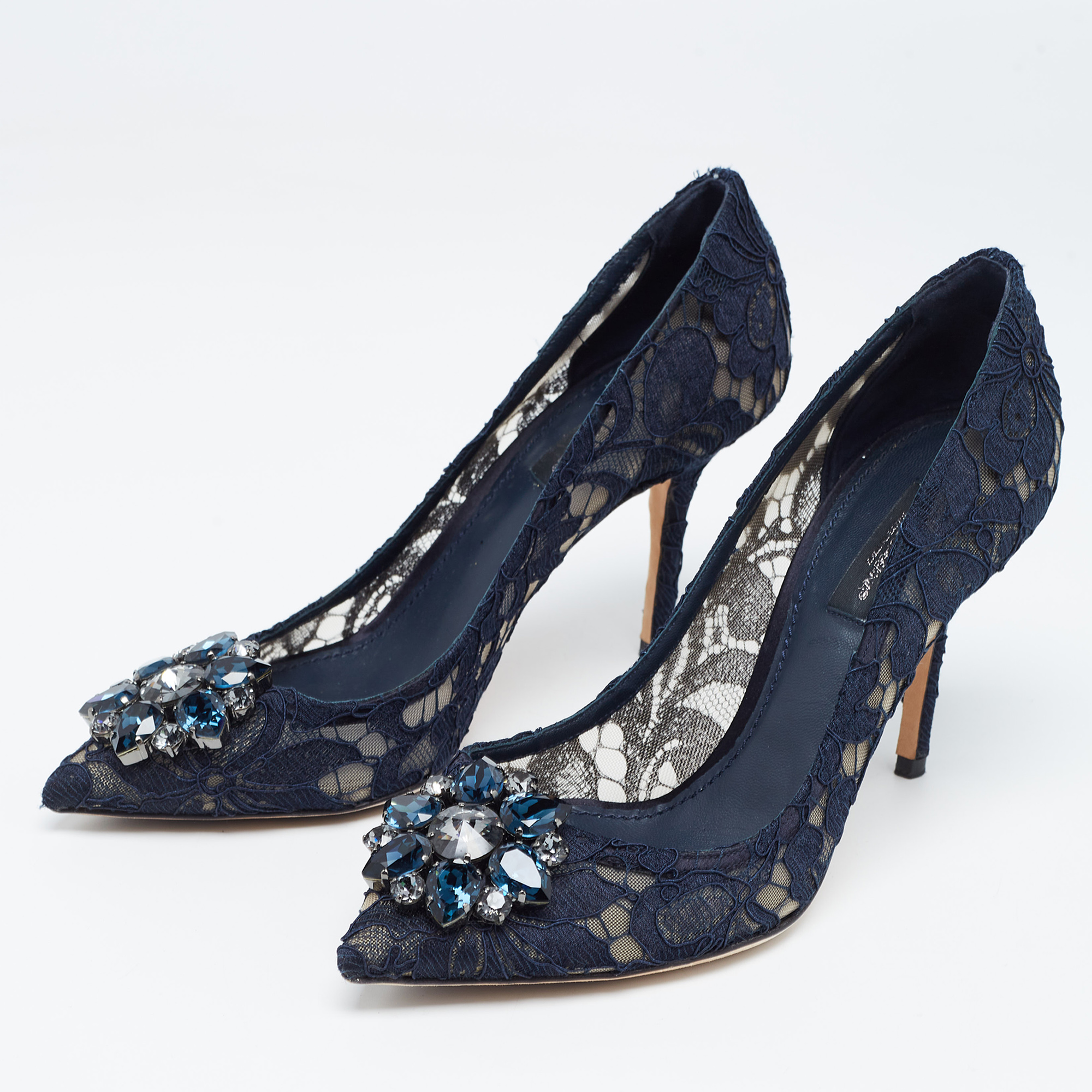 

Dolce & Gabbana Navy Blue Lace and Mesh Bellucci Pumps Size