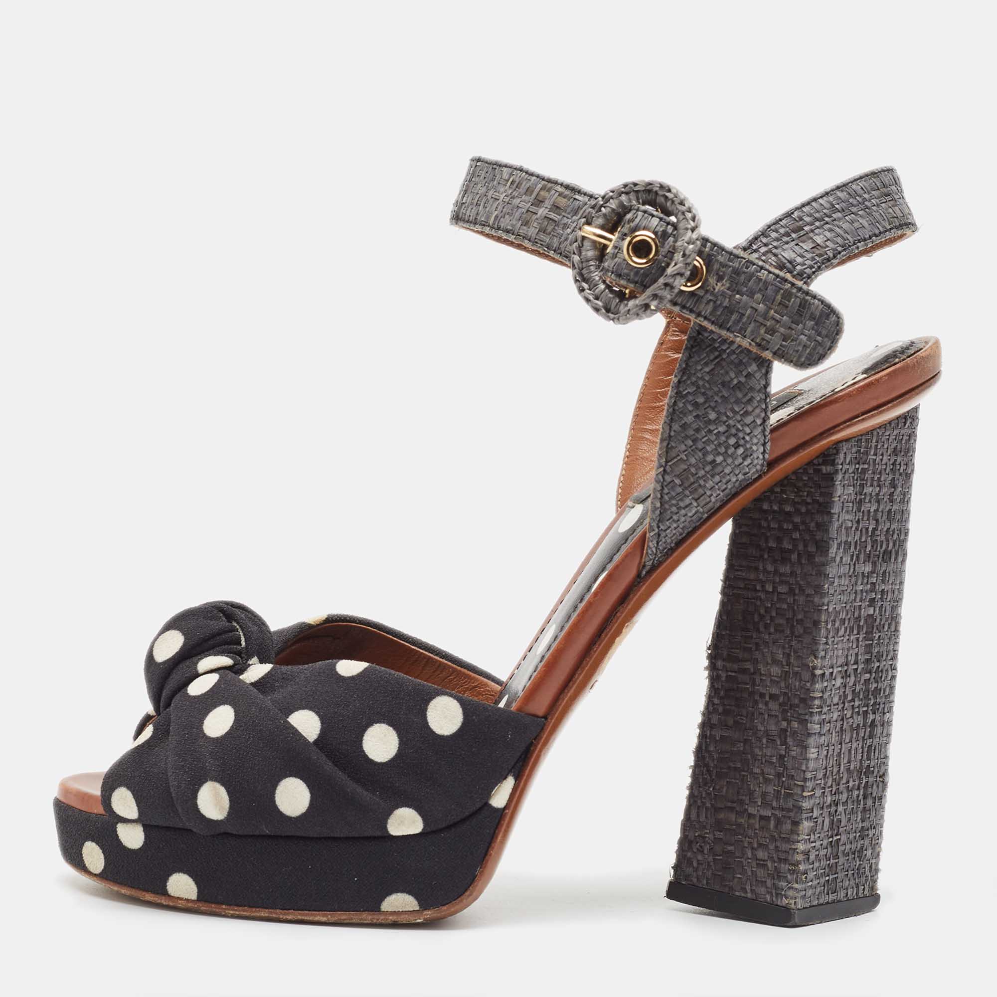 Pre-owned Dolce & Gabbana Black/white Raffia And Canvas Platform Ankle Strap Sandals Size 37