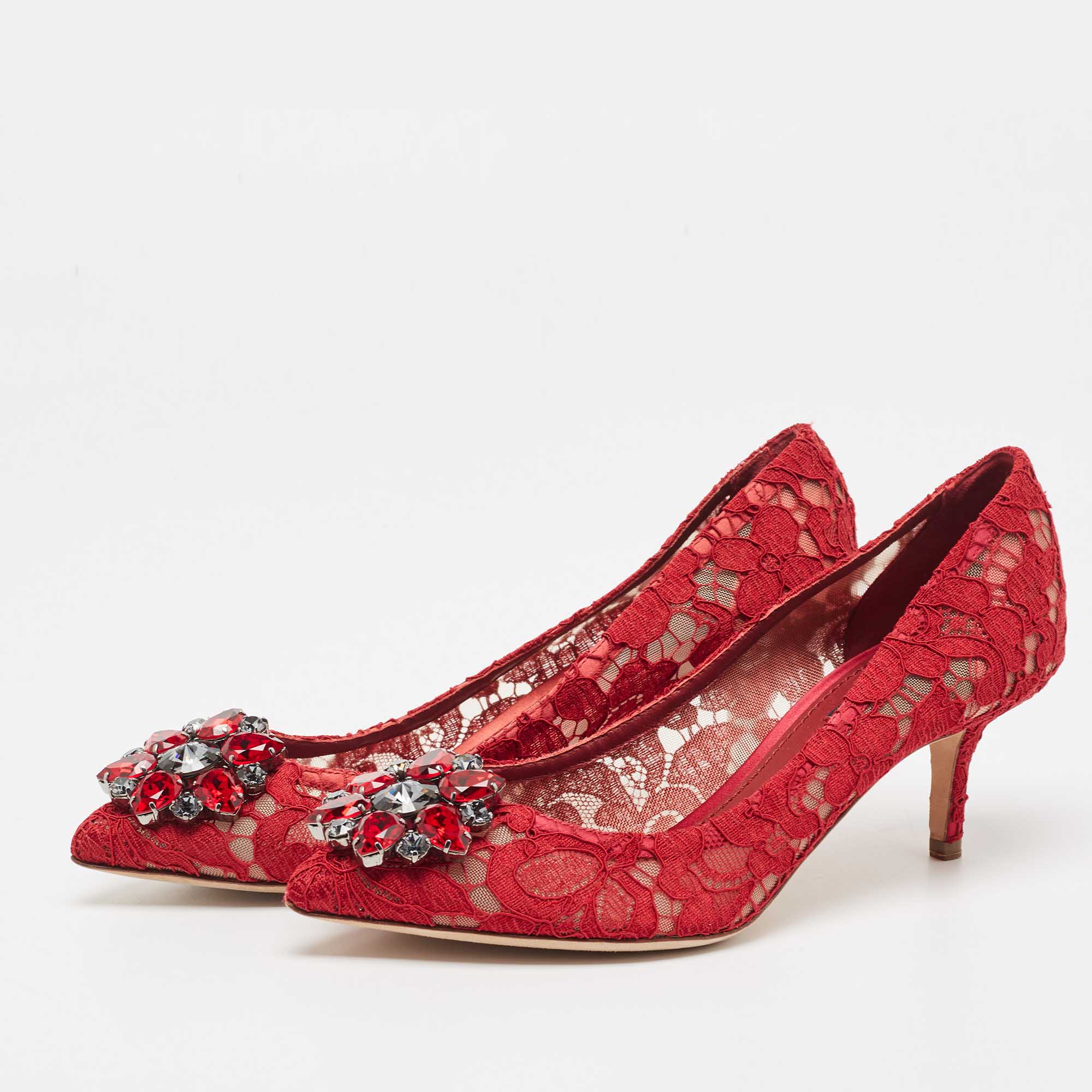 

Dolce & Gabbana Red Mesh and Lace Crystal Embellished Belluci Pumps Size