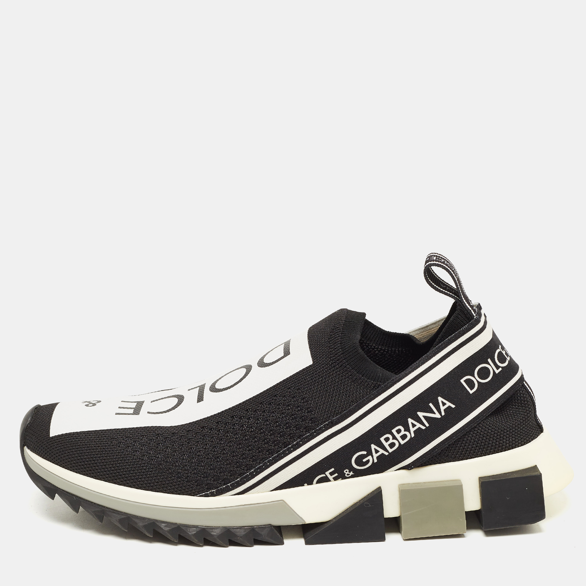 Pre-owned Dolce & Gabbana Black/white Logo Print Knit Fabric Sorrento Sneakers Size 39.5
