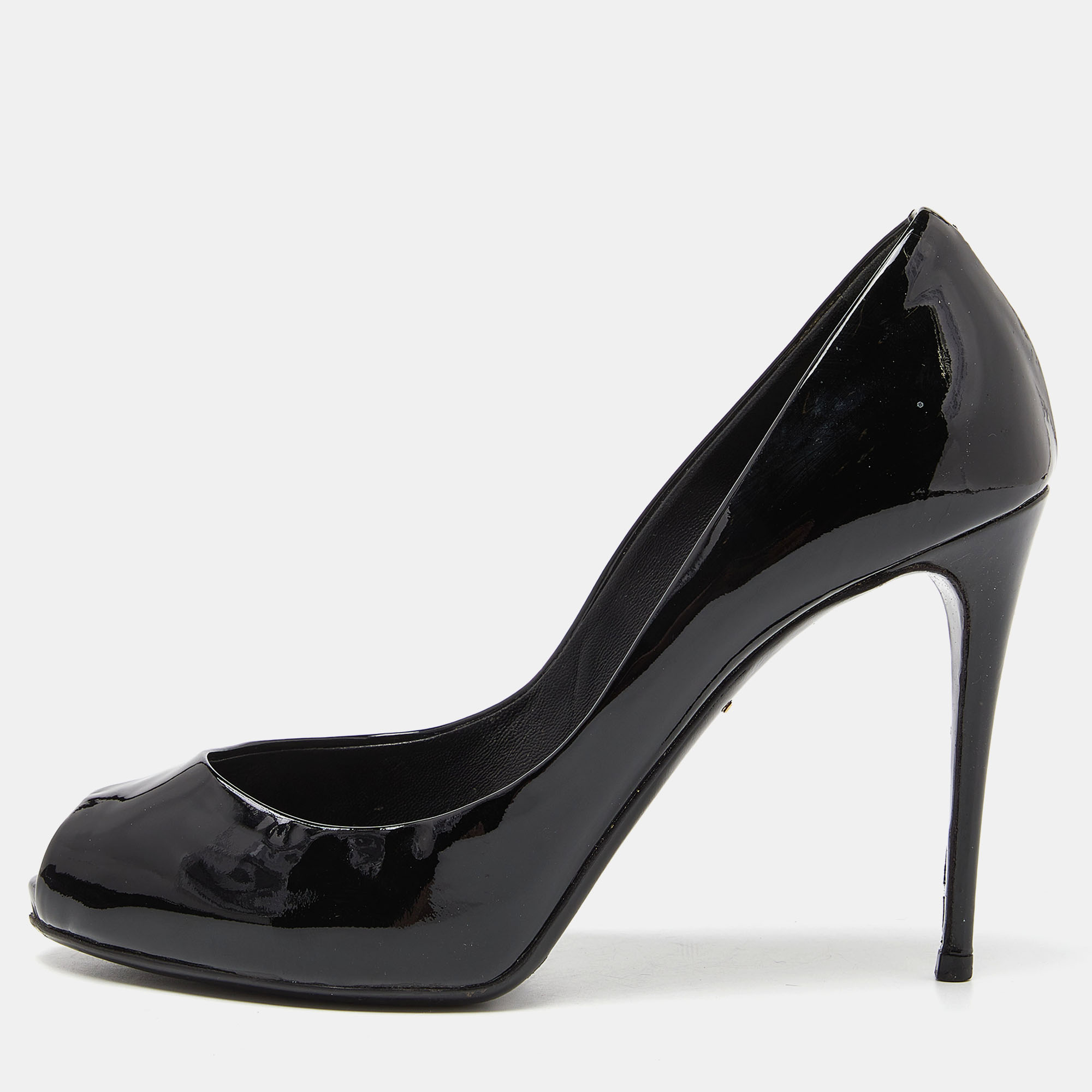 Pre-owned Dolce & Gabbana Black Patent Leather Platform Peep Toe Pumps Size 37