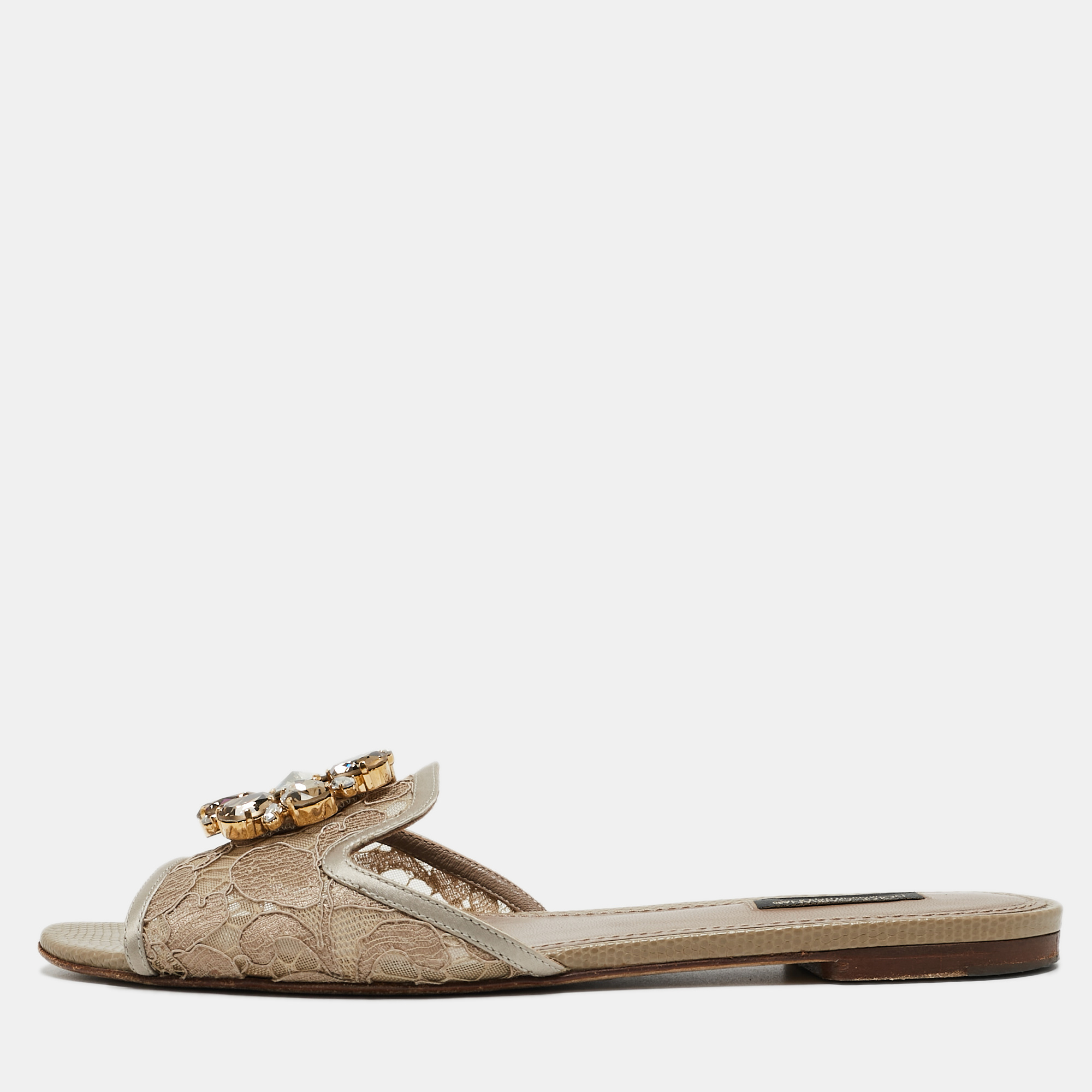 

Dolce & Gabbana Silver/Beige Lace and Mesh Flat Slides Size, Grey