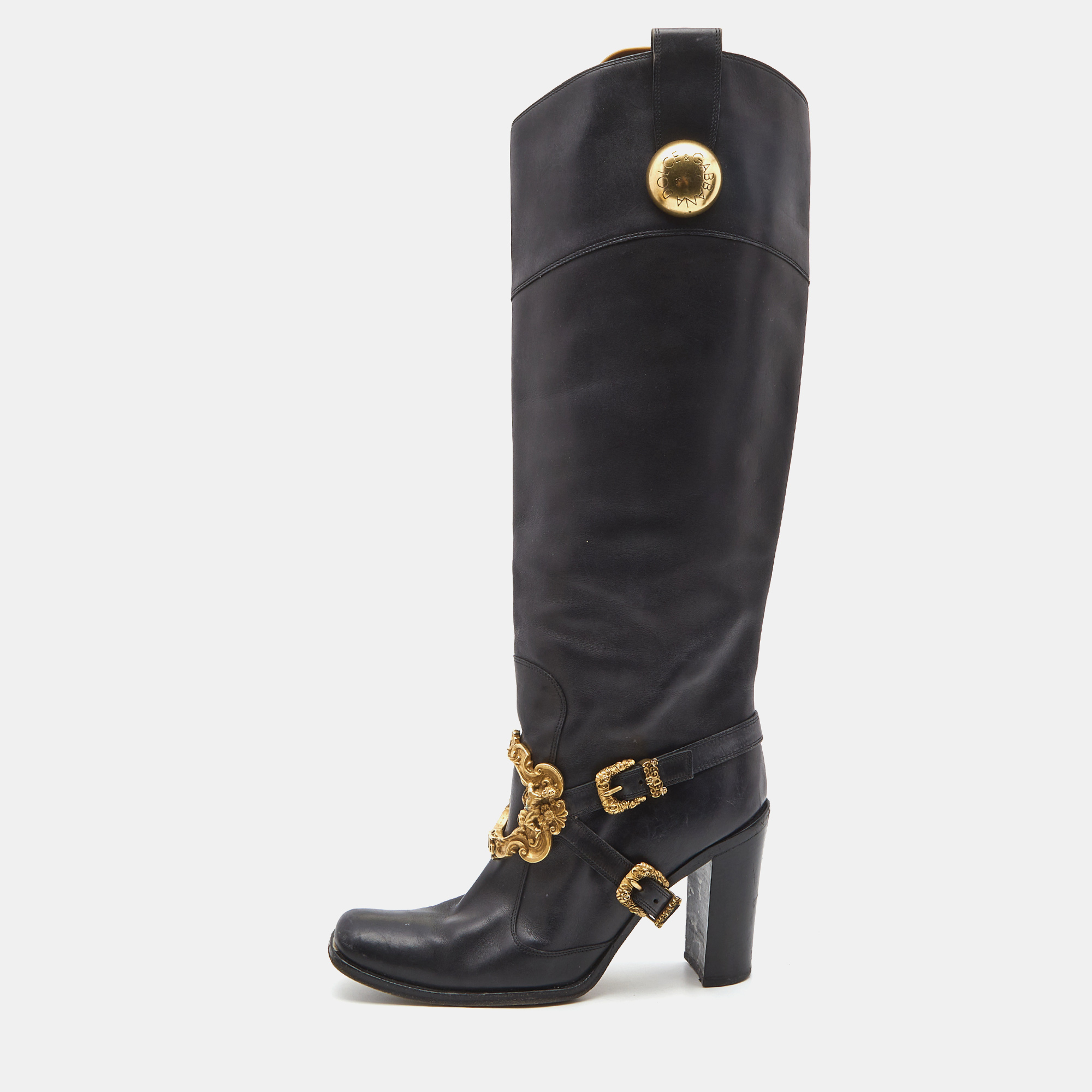 Pre-owned Dolce & Gabbana Black Leather Flower Embellished Knee Length Boots Size 39
