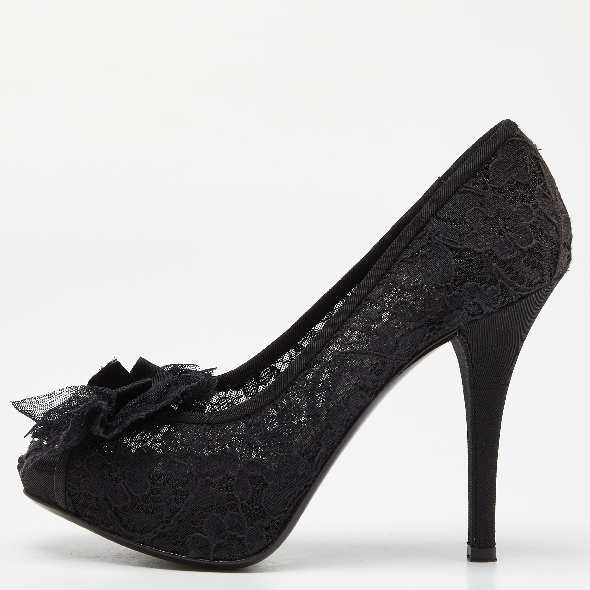Pre-owned Dolce & Gabbana Black Lace Bow Peep Toe Platform Pumps Size 36