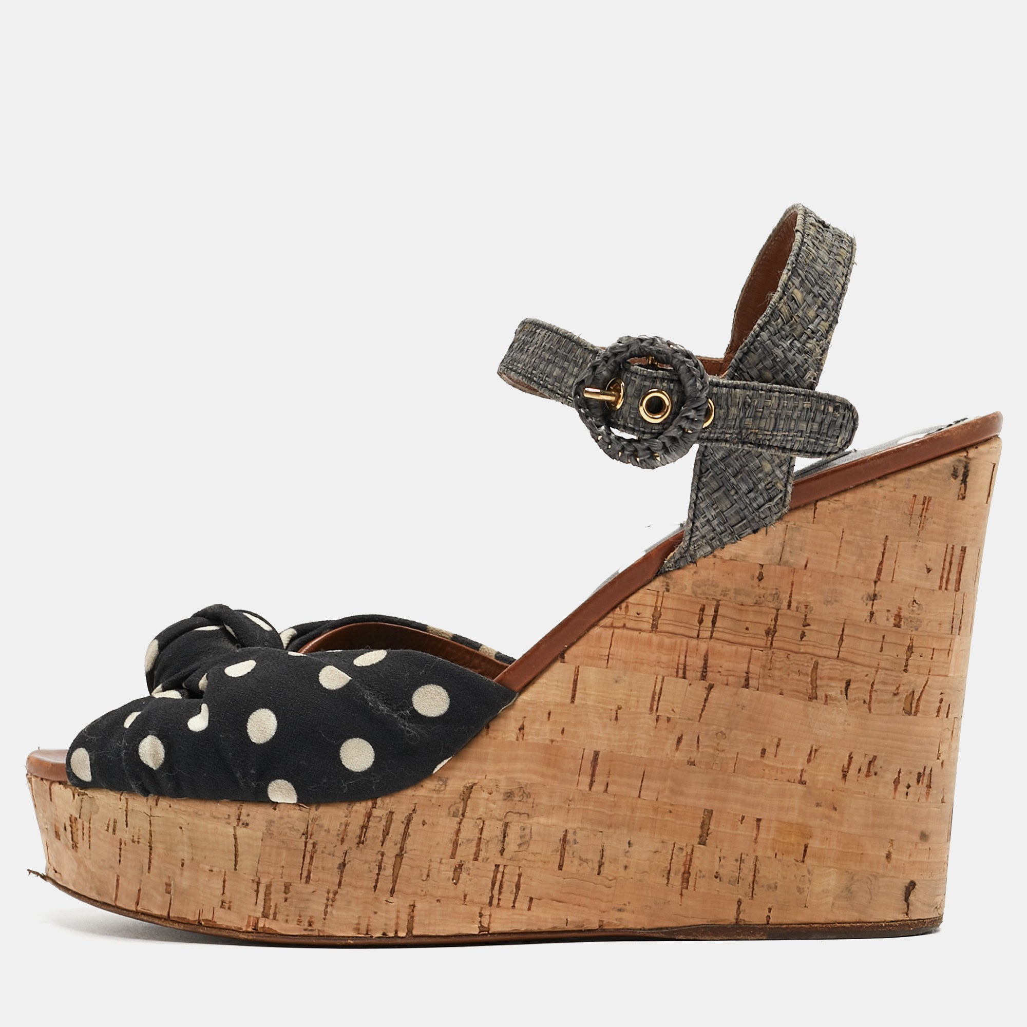 Pre-owned Dolce & Gabbana Black/grey Knotted Polka Dot Fabric And Raffia Cork Wedge Ankle Strap Sandals Size 41