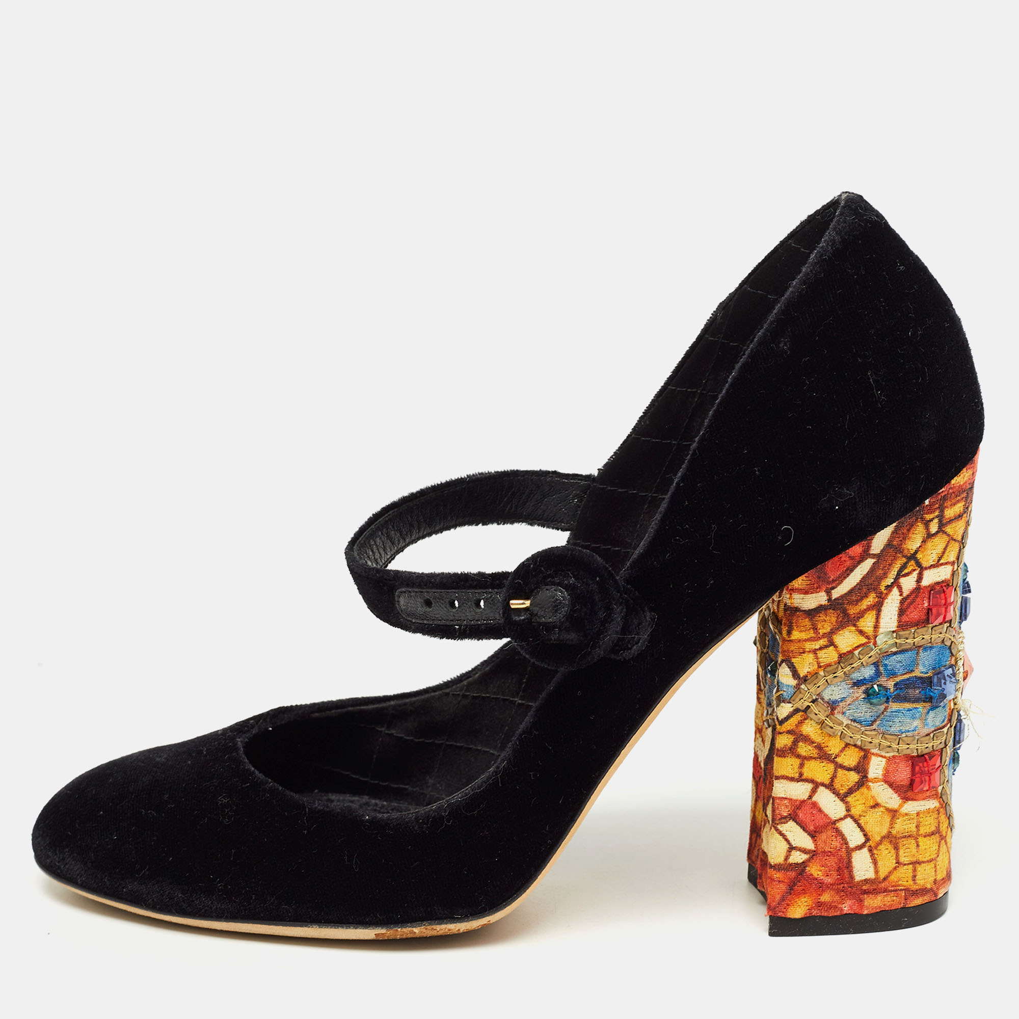 Pre-owned Dolce & Gabbana Black Velvet Crystal Embellished Printed Block Heel Mary Jane Pumps Size 40