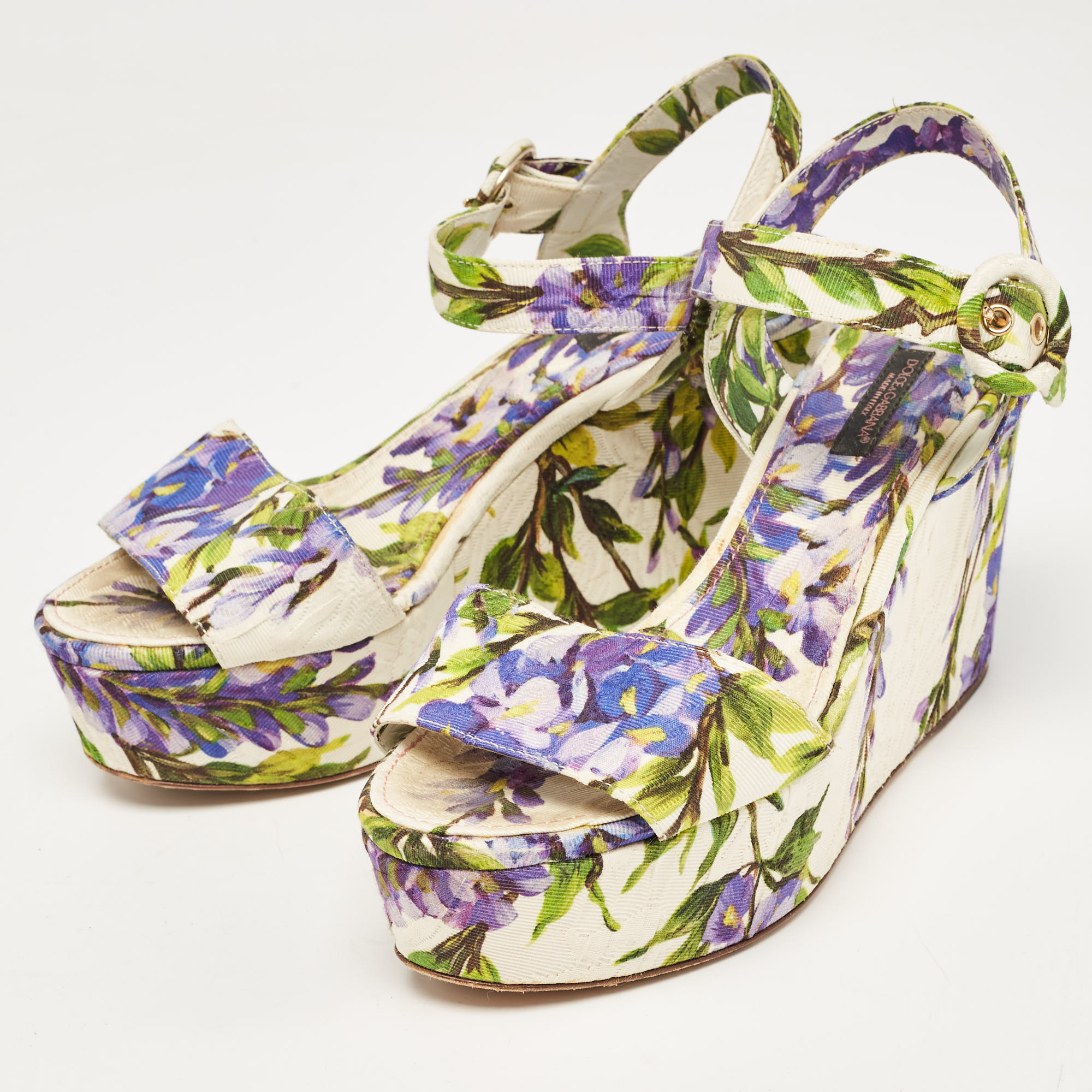 

Dolce & Gabbana Tricolor Floral Print Canvas Ankle Strap Wedge Sandals Size, White