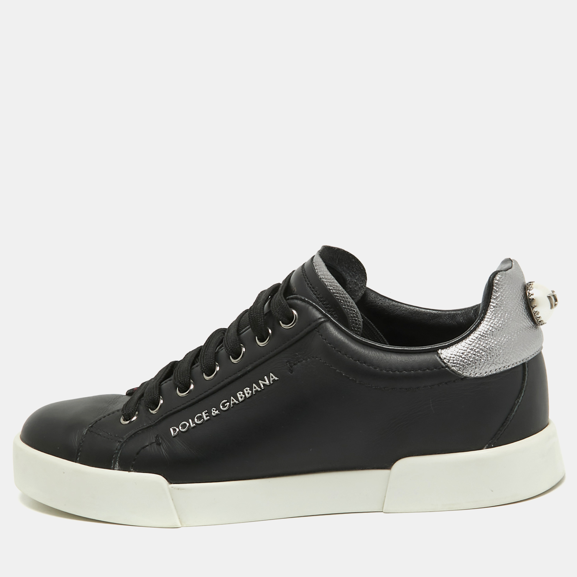 

Dolce & Gabbana Black Leather DG Pearl Portofino Sneakers Size