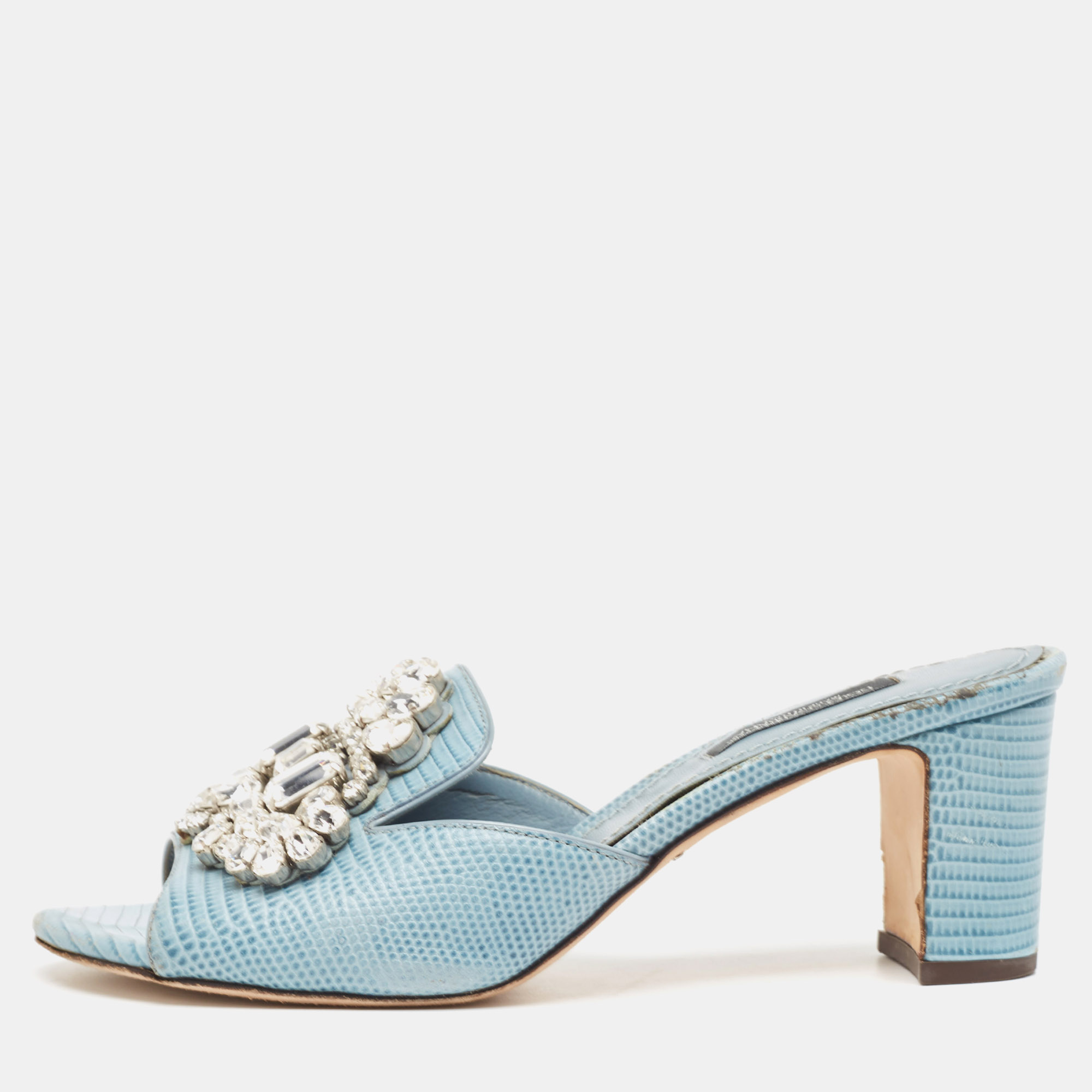 Pre-owned Dolce & Gabbana Light Blue Embossed Lizard Crystal Embellished Slide Sandals Size 36
