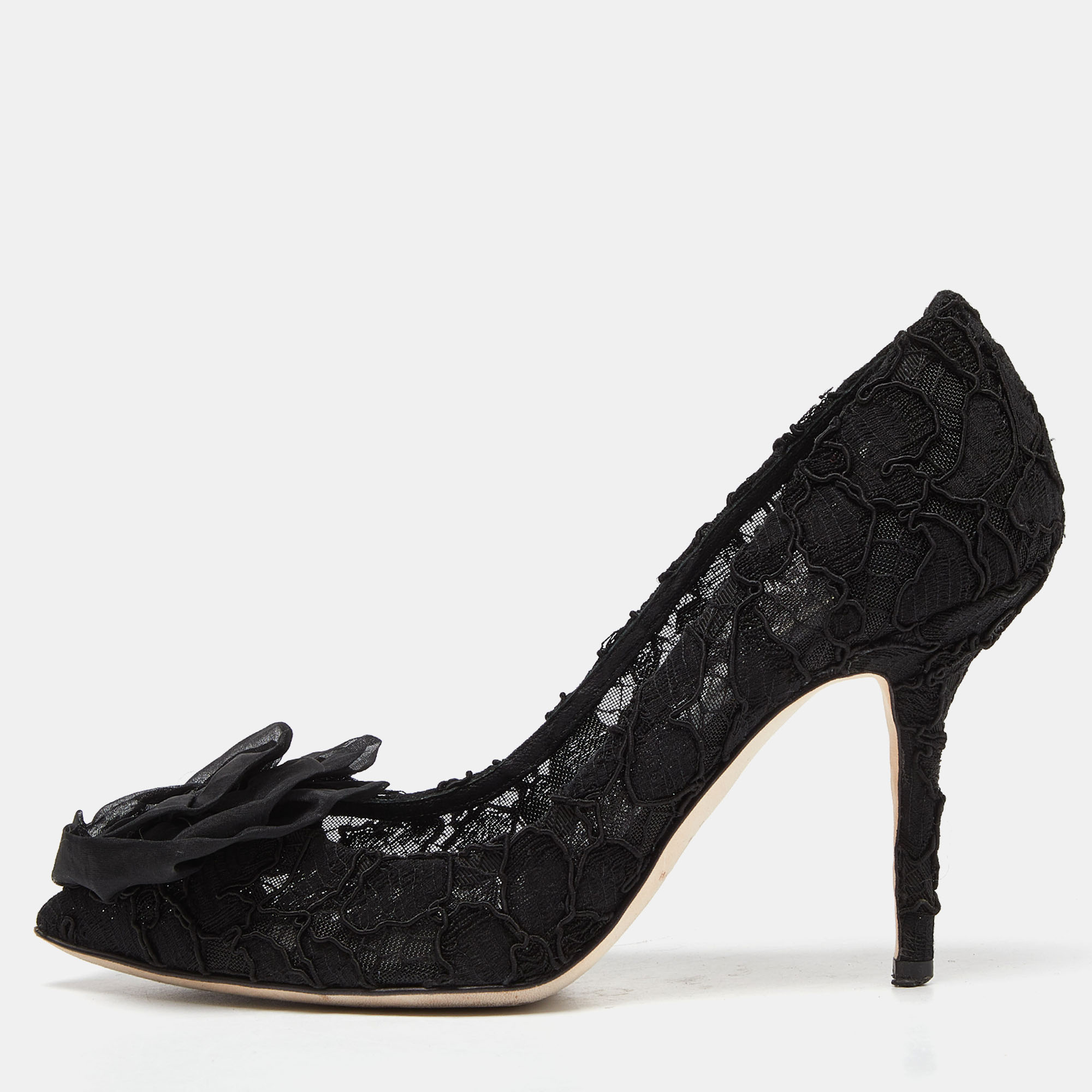 Pre-owned Dolce & Gabbana Black Lace Floral Toe Pumps Size 37