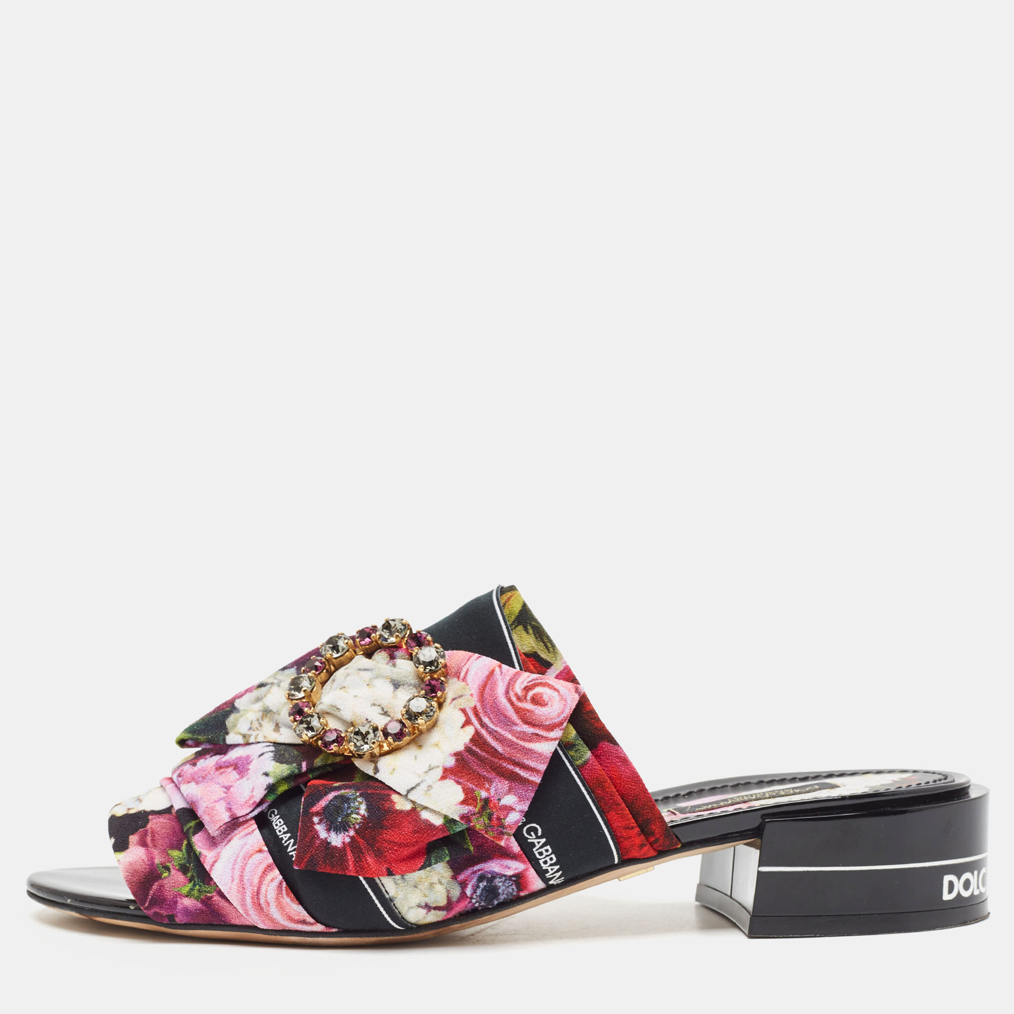 Pre-owned Dolce & Gabbana Multicolor Floral Print Fabric Embellished Slide Sandals Size 39