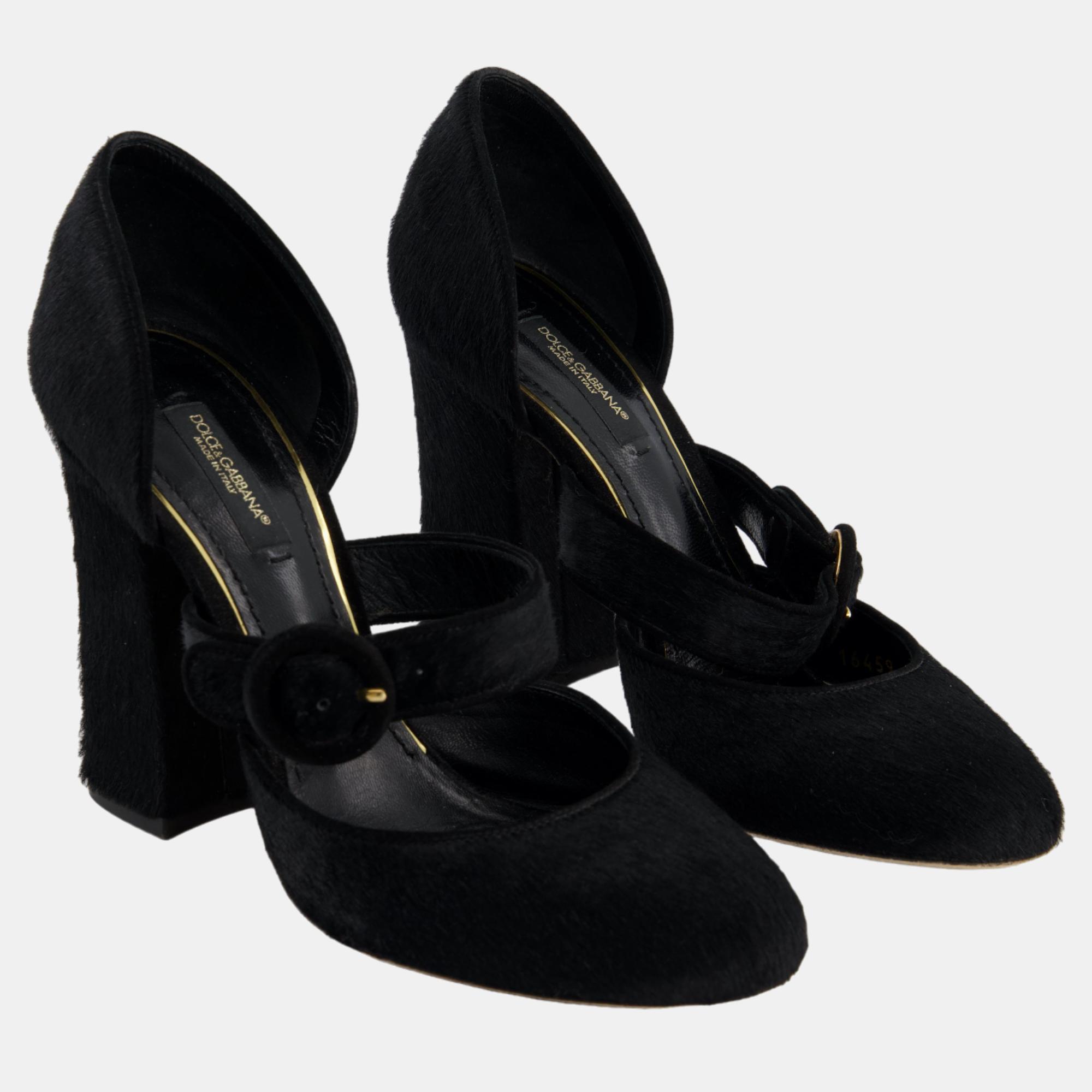 

Dolce & Gabbana Black Pony Skin Block Heels with Strap Detail Size EU