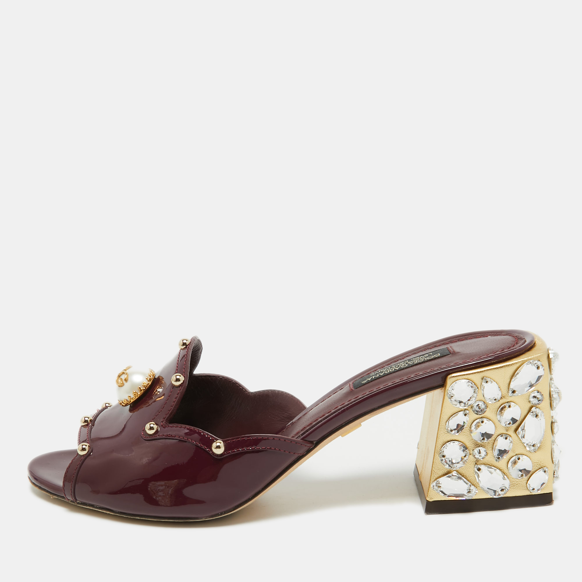 Pre-owned Dolce & Gabbana Burgundy Patent Leather Crystal Embellishment Block Heel Mules Size 37