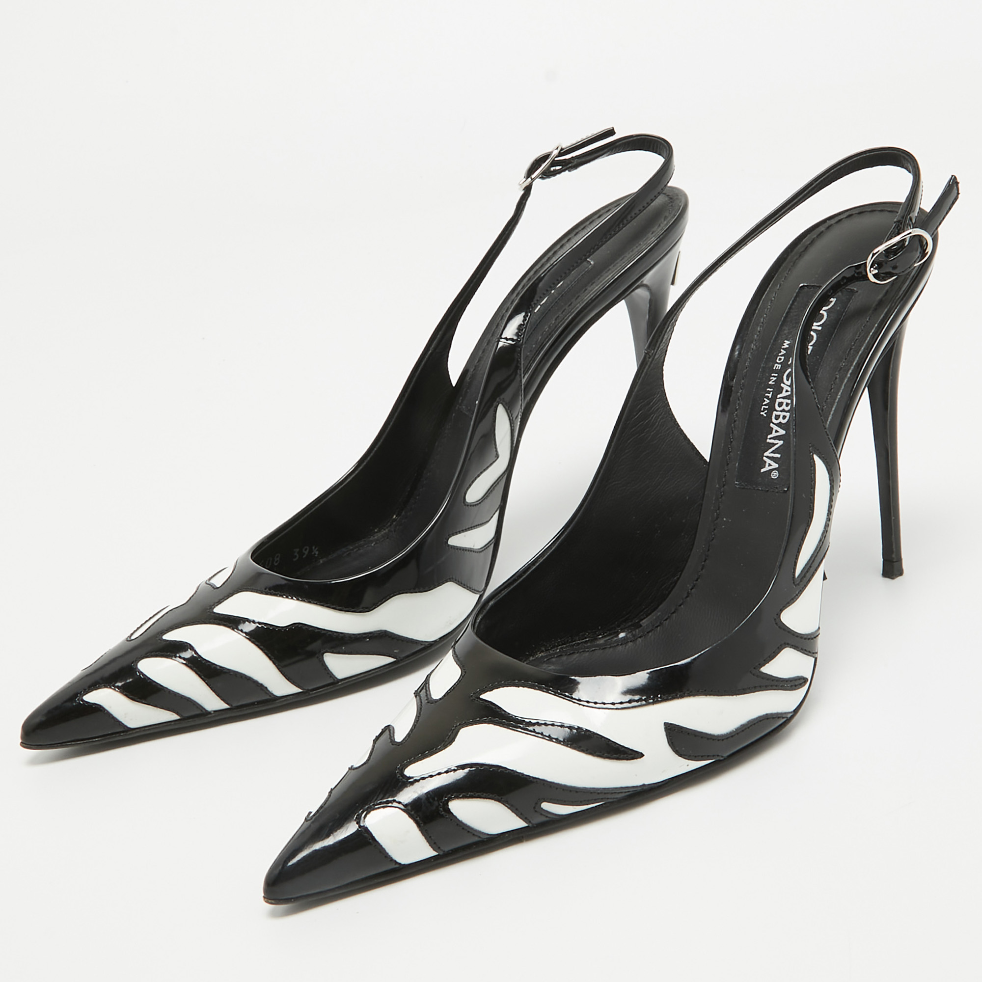 

Dolce & Gabbana Black/White Patent Leather Pointed Toe Slingback Pumps Size