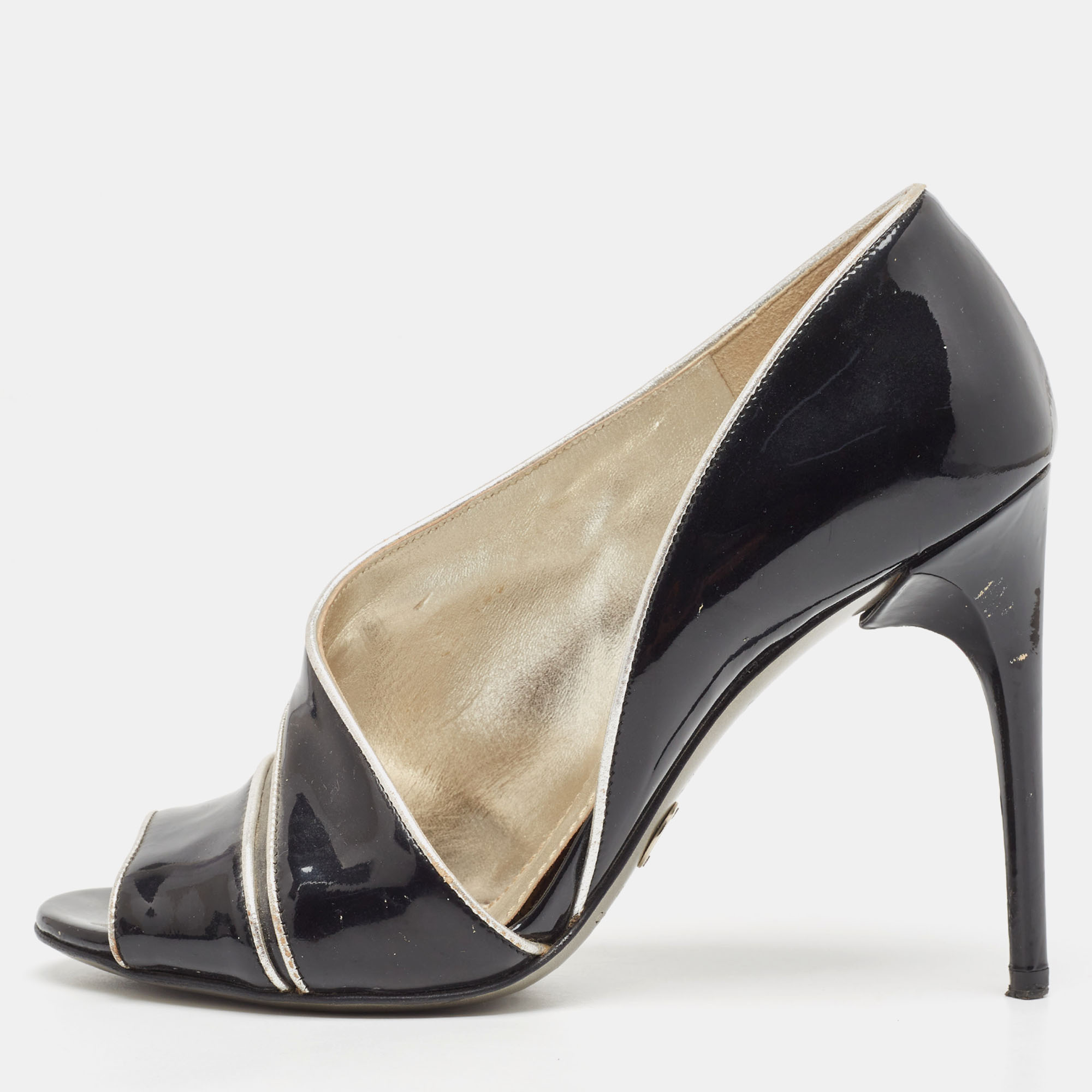 

Dolce & Gabbana Black/Silver Patent and Leather Cut Out Peep Toe Pumps Size
