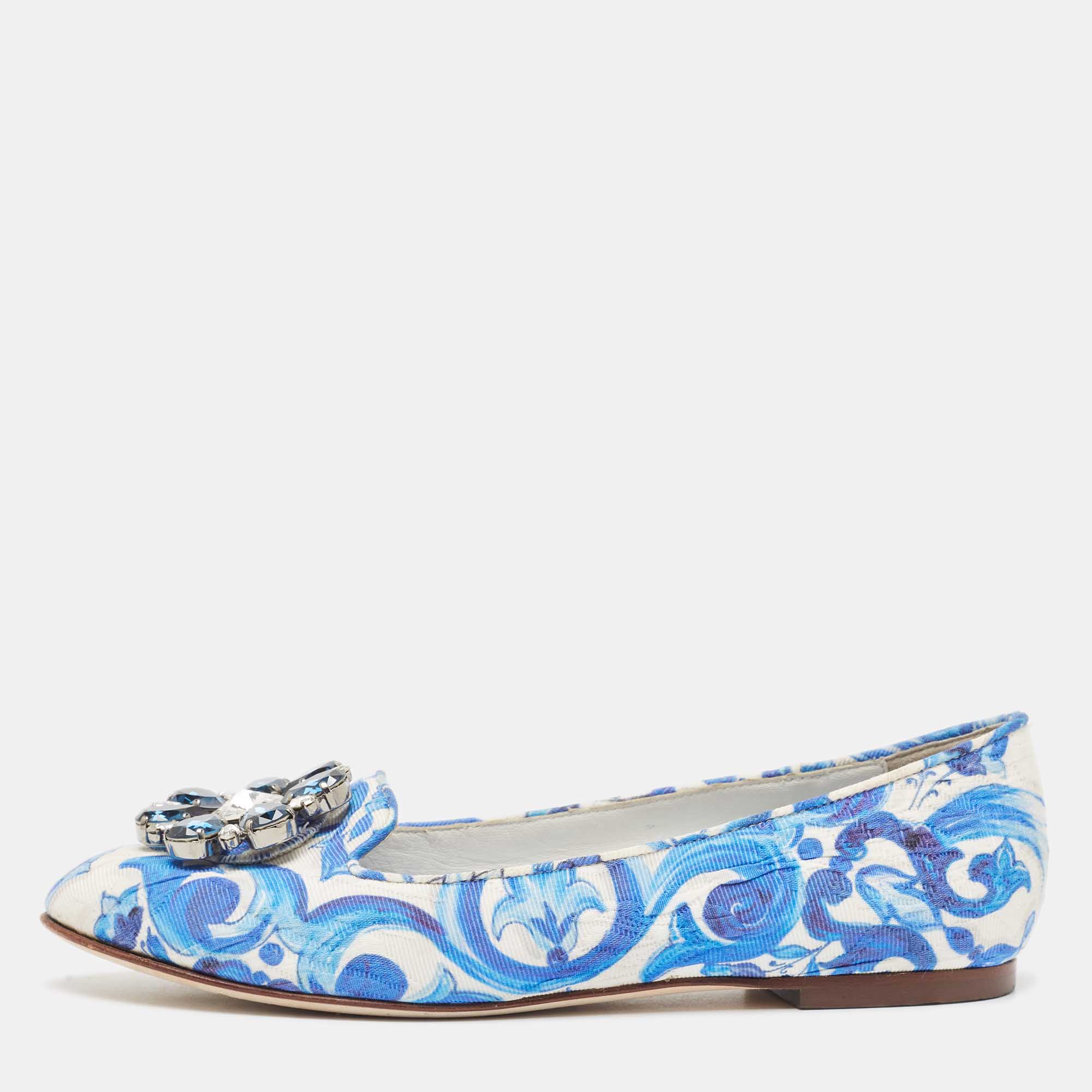 Pre-owned Dolce & Gabbana White/blue Printed Fabric Taormina Ballet Flats Size 36