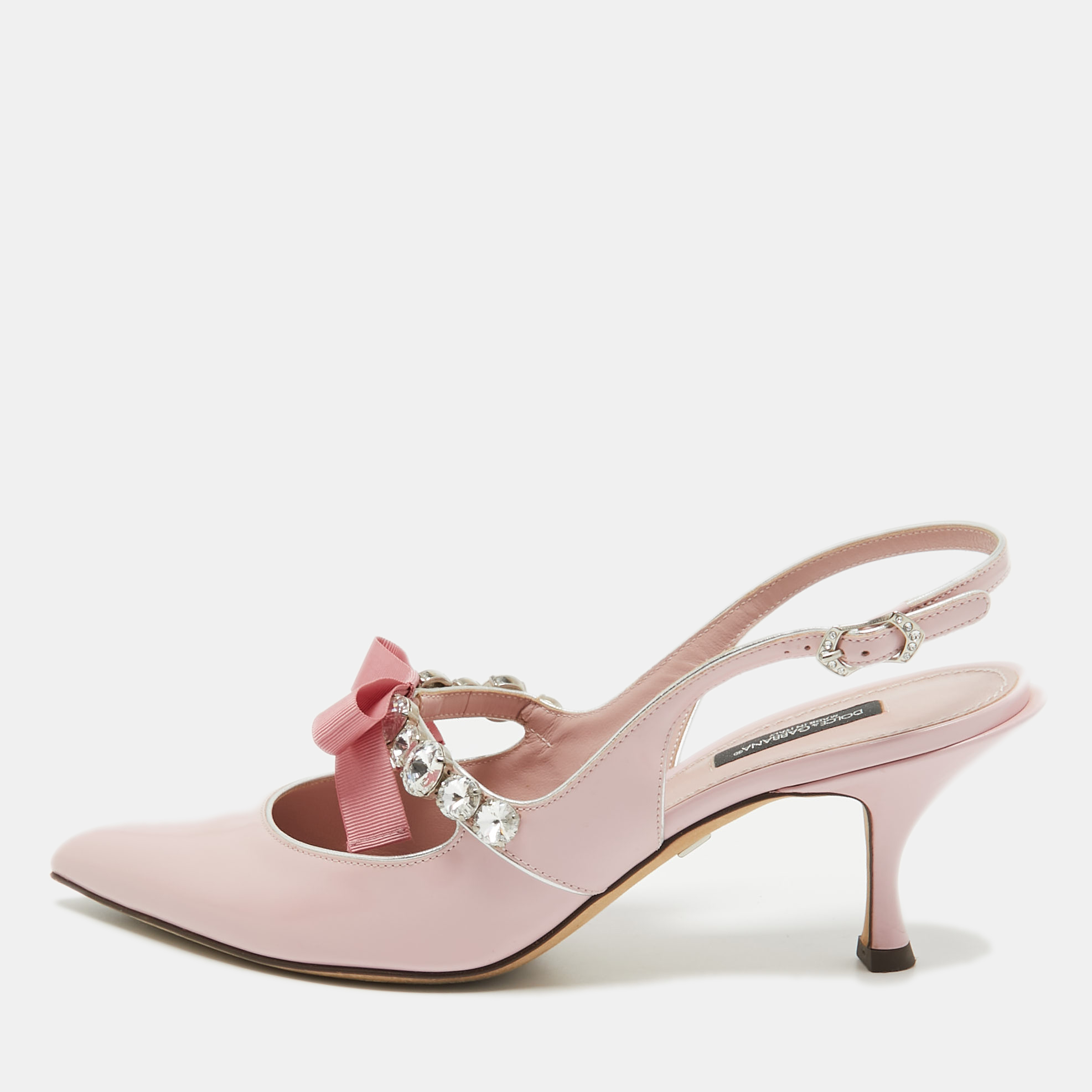 Pre-owned Dolce & Gabbana Pink Patent Leather Crystal Embellished Bow Slingback Pumps Size 40
