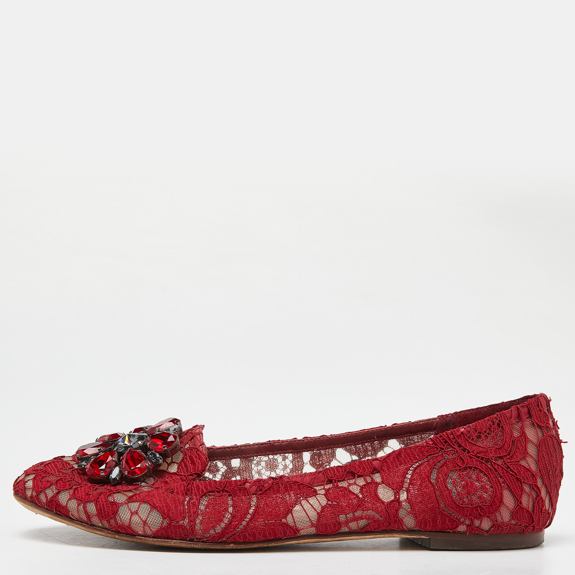 Pre-owned Dolce & Gabbana Red Lace Crystal Embellished Taormina Ballet Flats Size 38