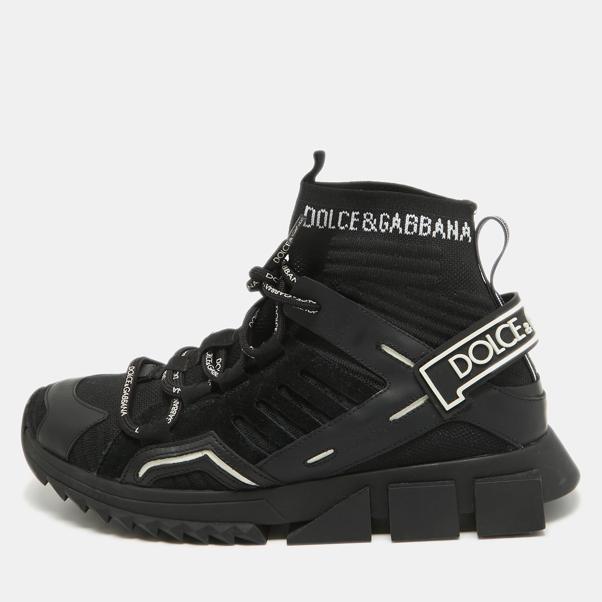 Pre-owned Dolce & Gabbana Black Knit Fabric And Suede Sorrento High Top Trainers Size 42.5