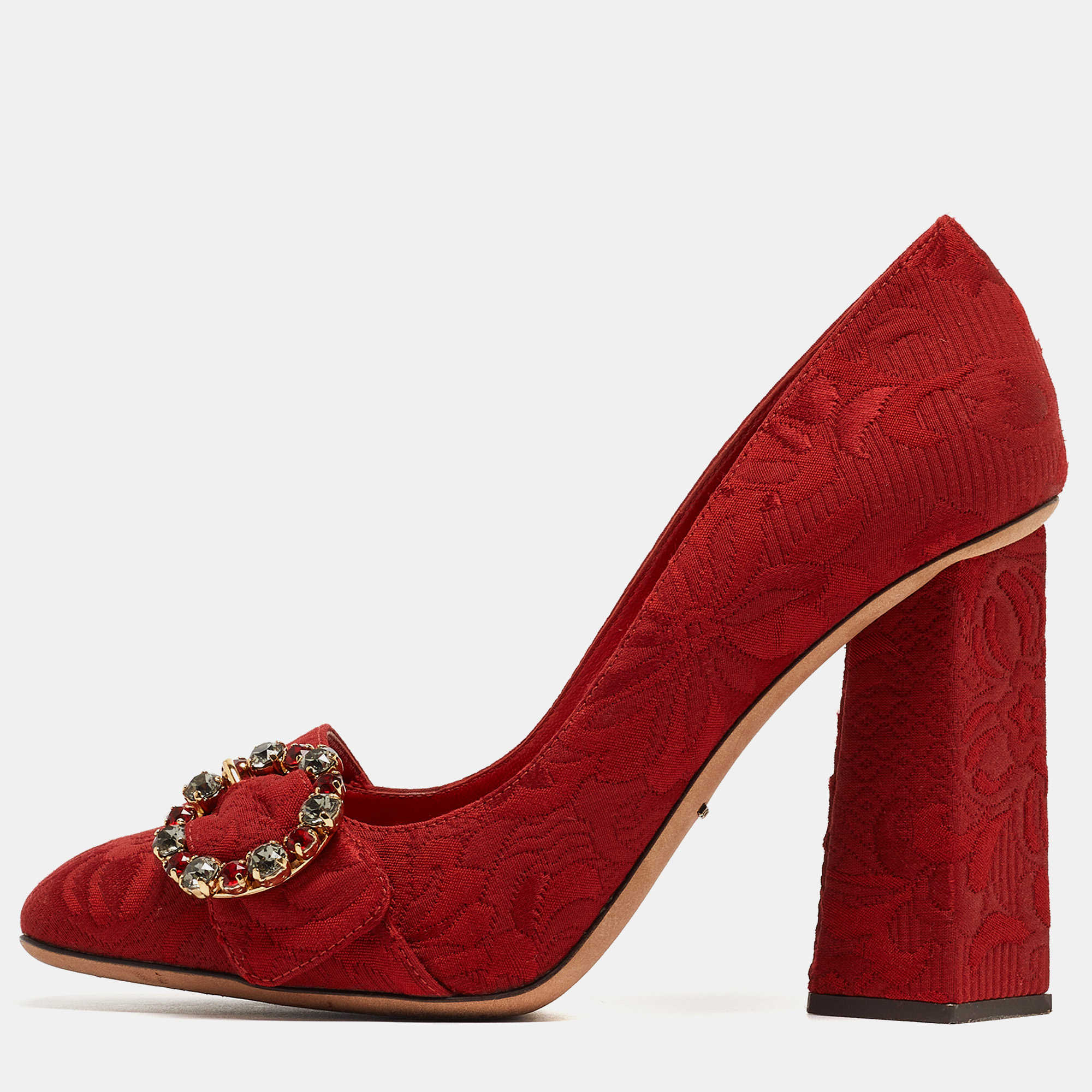 Pre-owned Dolce & Gabbana Red Brocade Fabric Block Heel Pumps Size 40