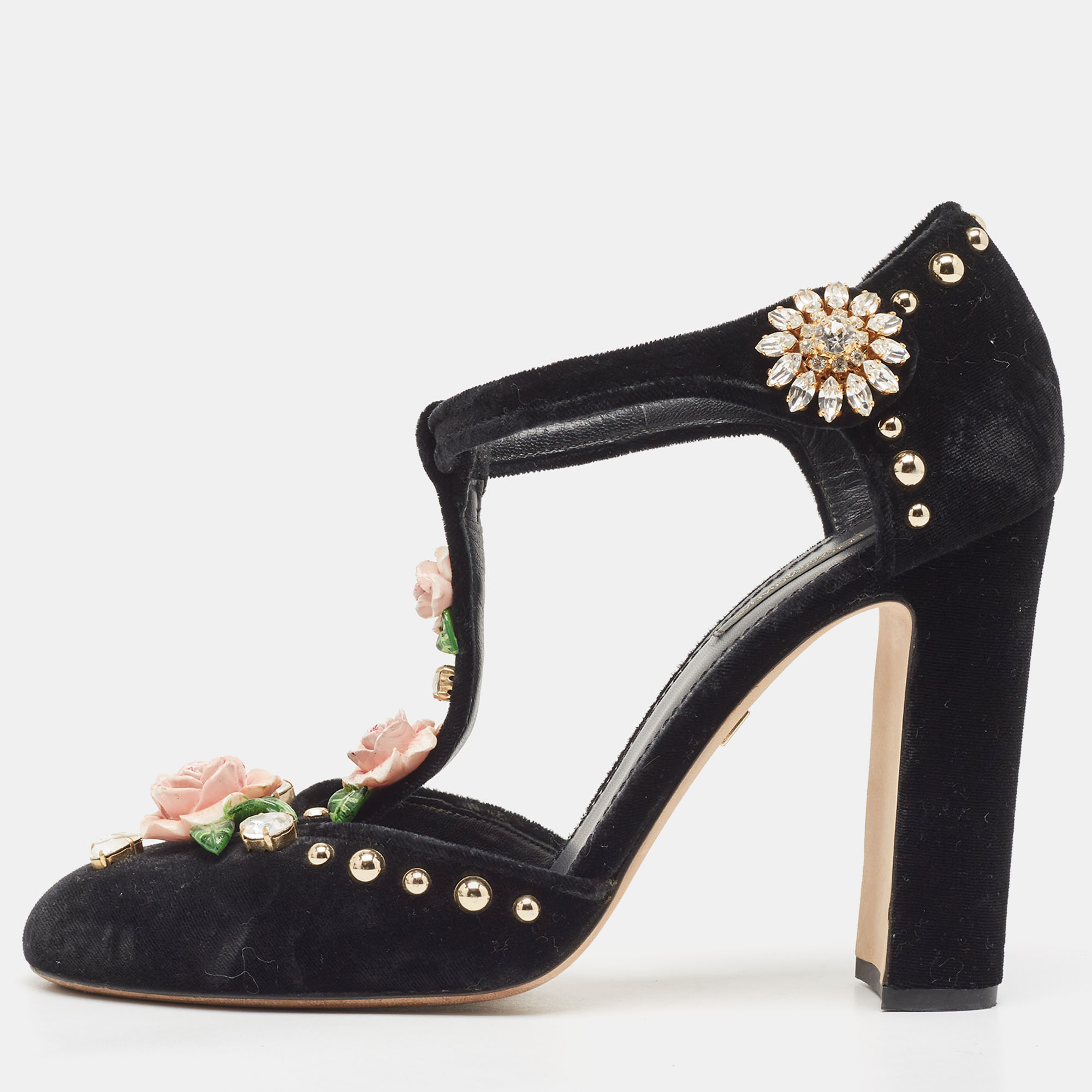 Pre-owned Dolce & Gabbana Black Velvet Studded And Rose Embellished Vally Pumps Size 40
