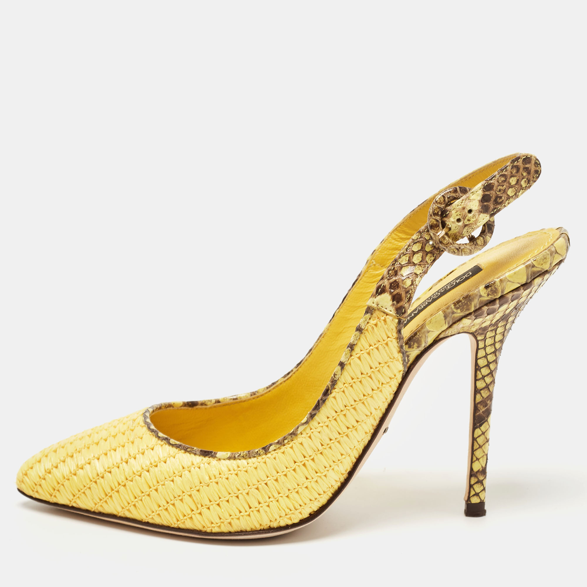 Pre-owned Dolce & Gabbana Yellow/brown Woven Raffia And Python Slingback Pumps Size 37