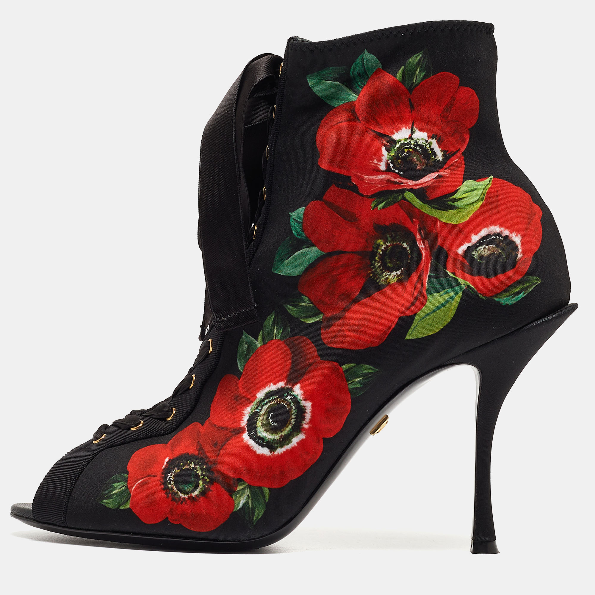 

Dolce & Gabbana Black/Red Floral Print Stretch Fabric Peep Toe Ankle Booties Size