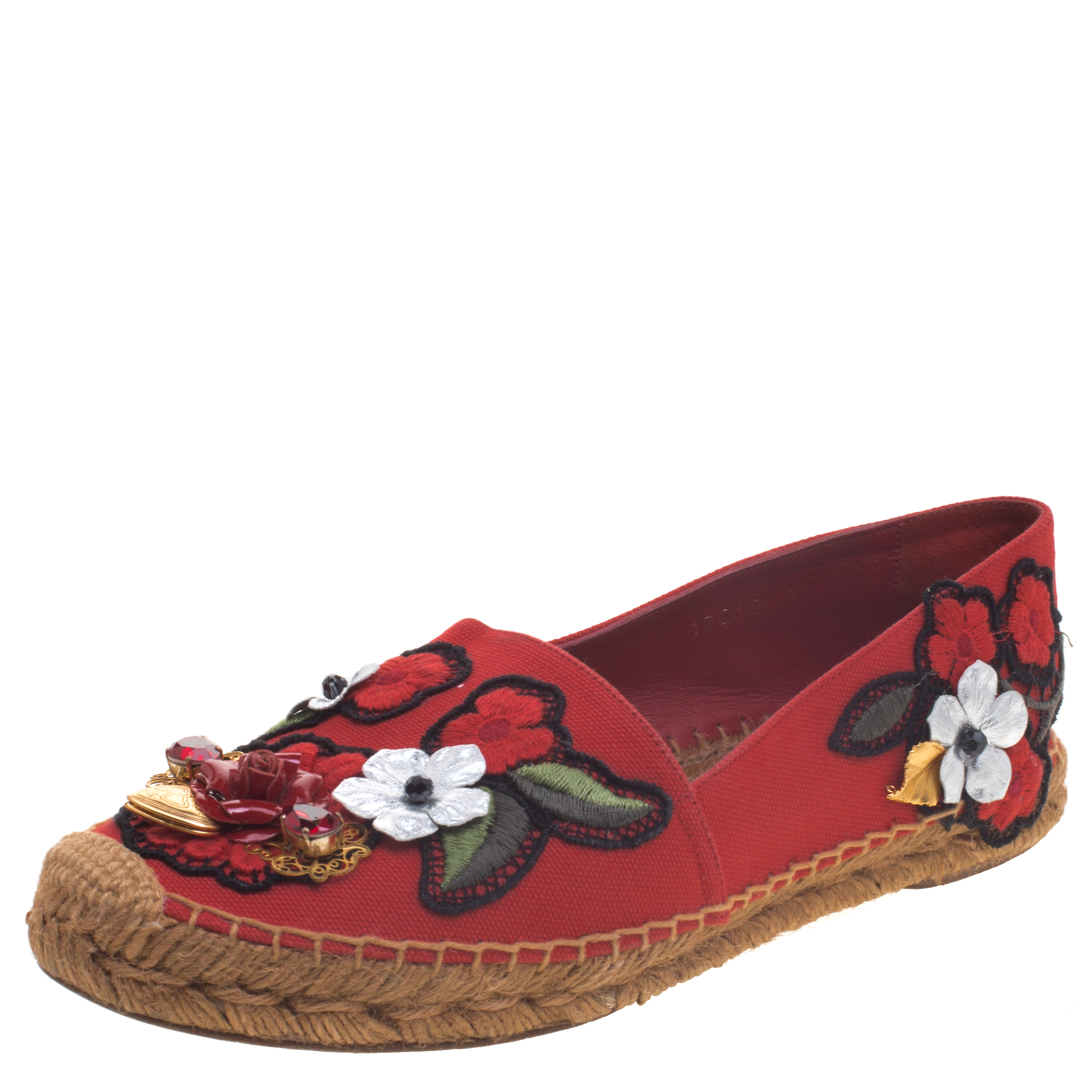 Dolce and Gabbana Red Canvas Locket Flower and Jewel Embroidered Espadrilles Size 37