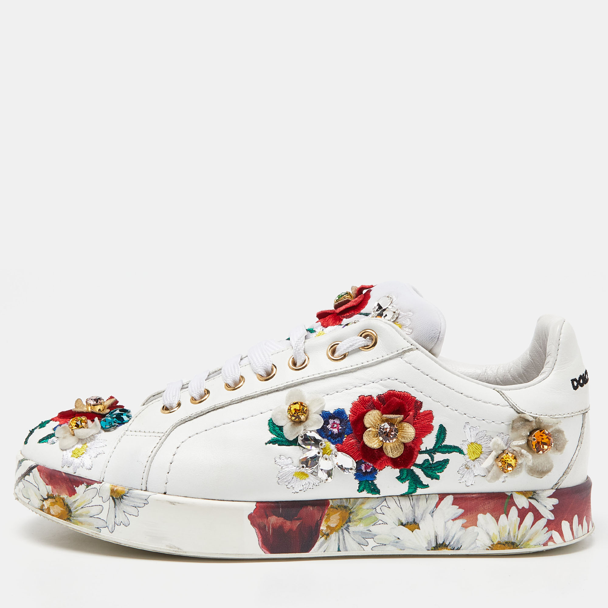 

Dolce & Gabbana White Leather Flower Applique and Studded Portofino Sneakers Size