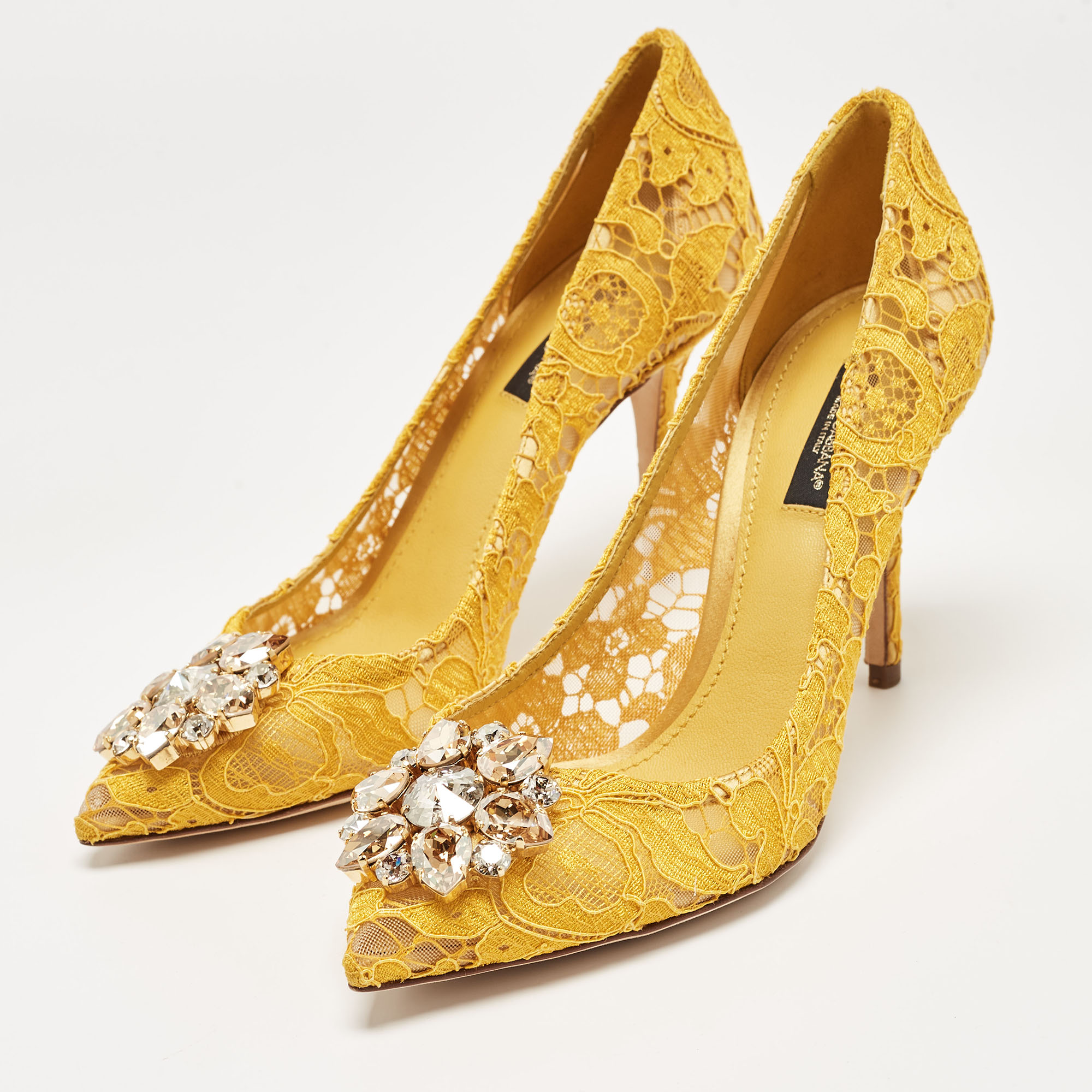 

Dolce & Gabbana Yellow Lace and Mesh Bellucci Pumps Size