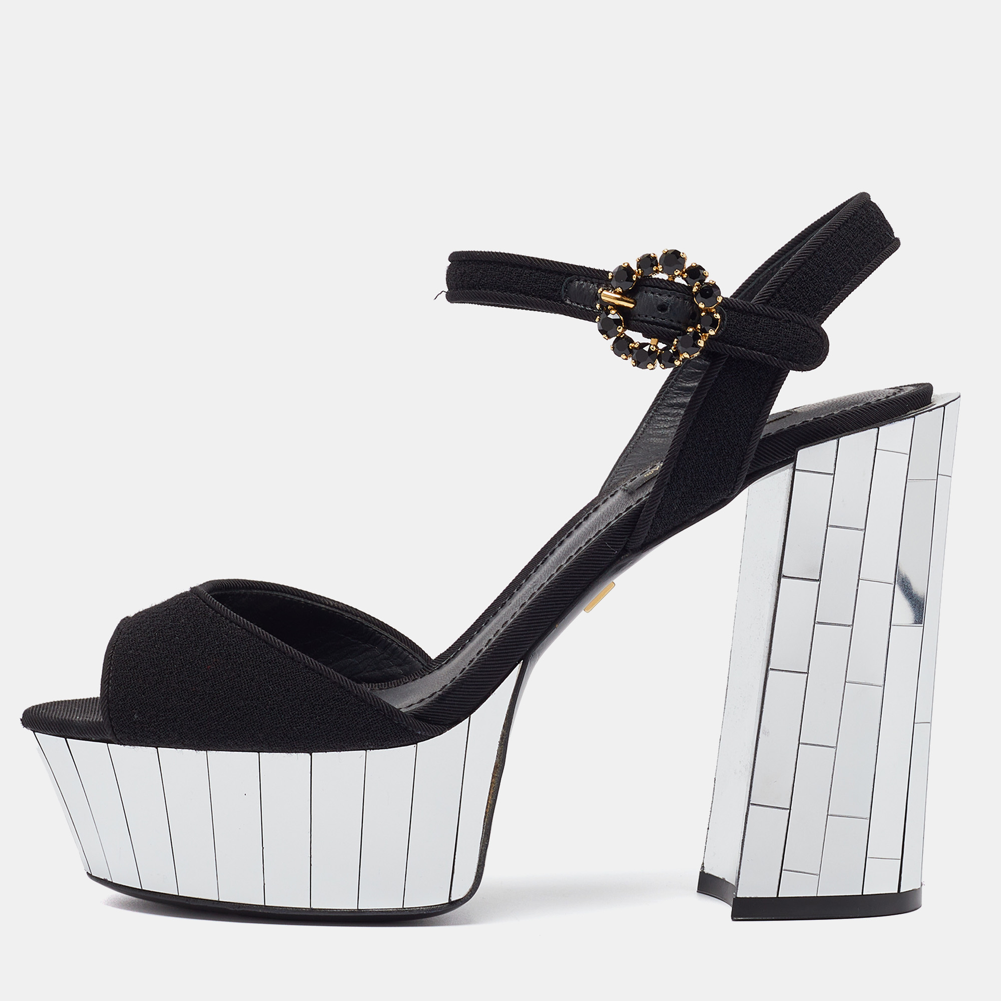 Pre-owned Dolce & Gabbana Black Fabric Mirror Belluci Platform Sandals Size 38.5