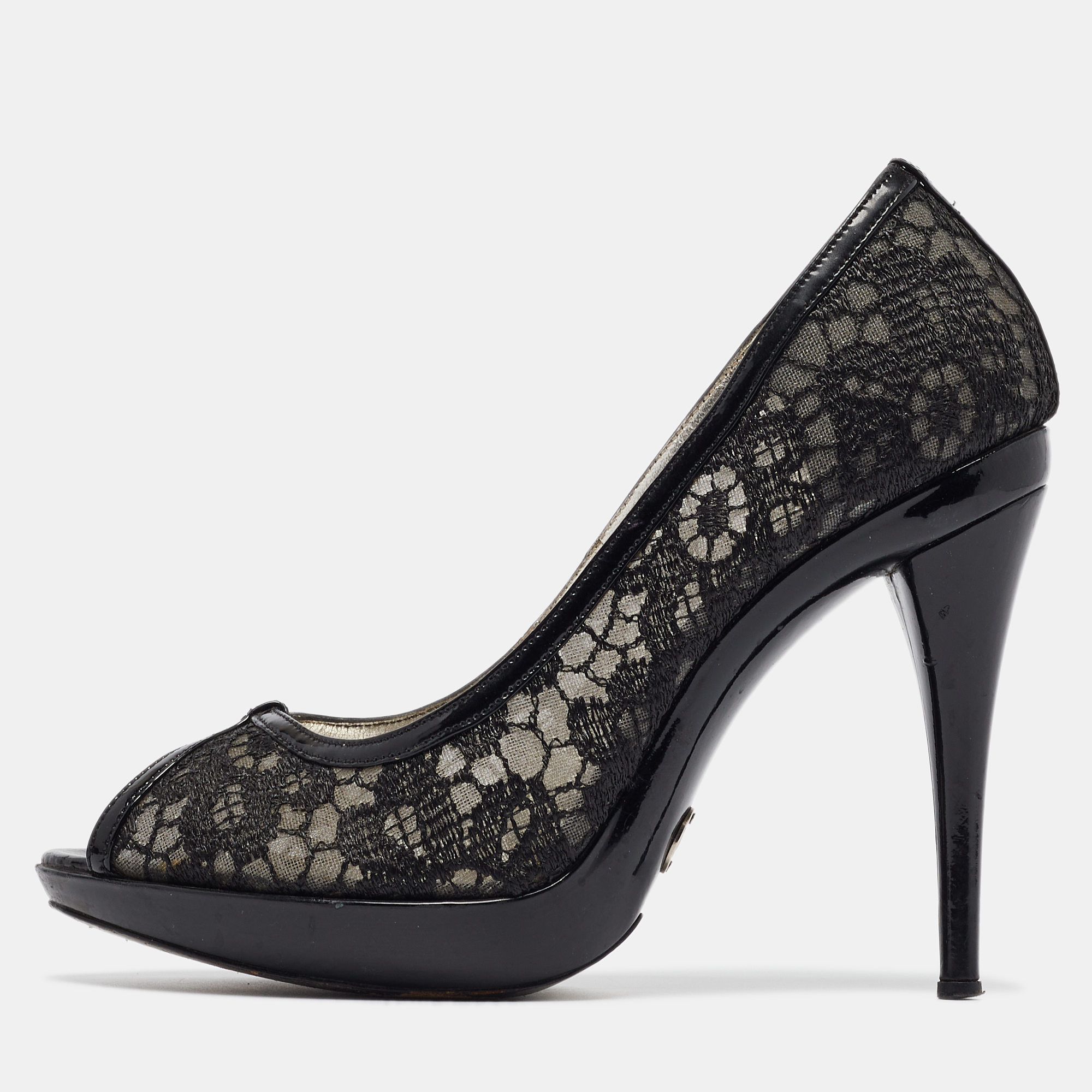 

Dolce & Gabbana Black Lace and Patent Leather Peep Toe Platform Pumps Size