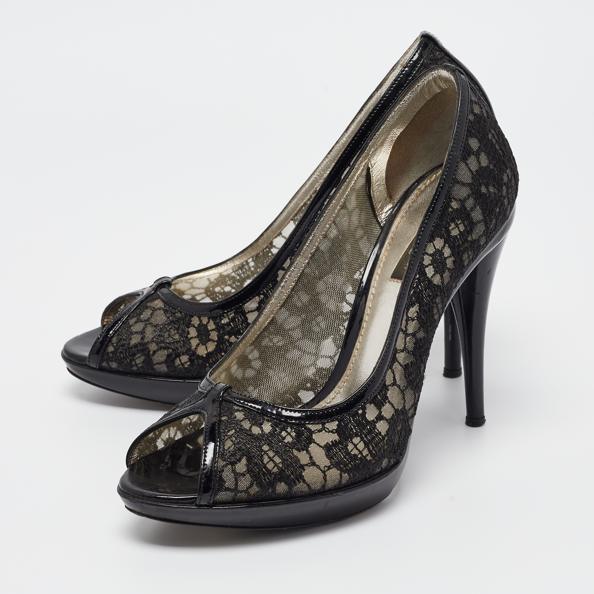 

Dolce & Gabbana Black Lace and Patent Leather Peep Toe Platform Pumps Size