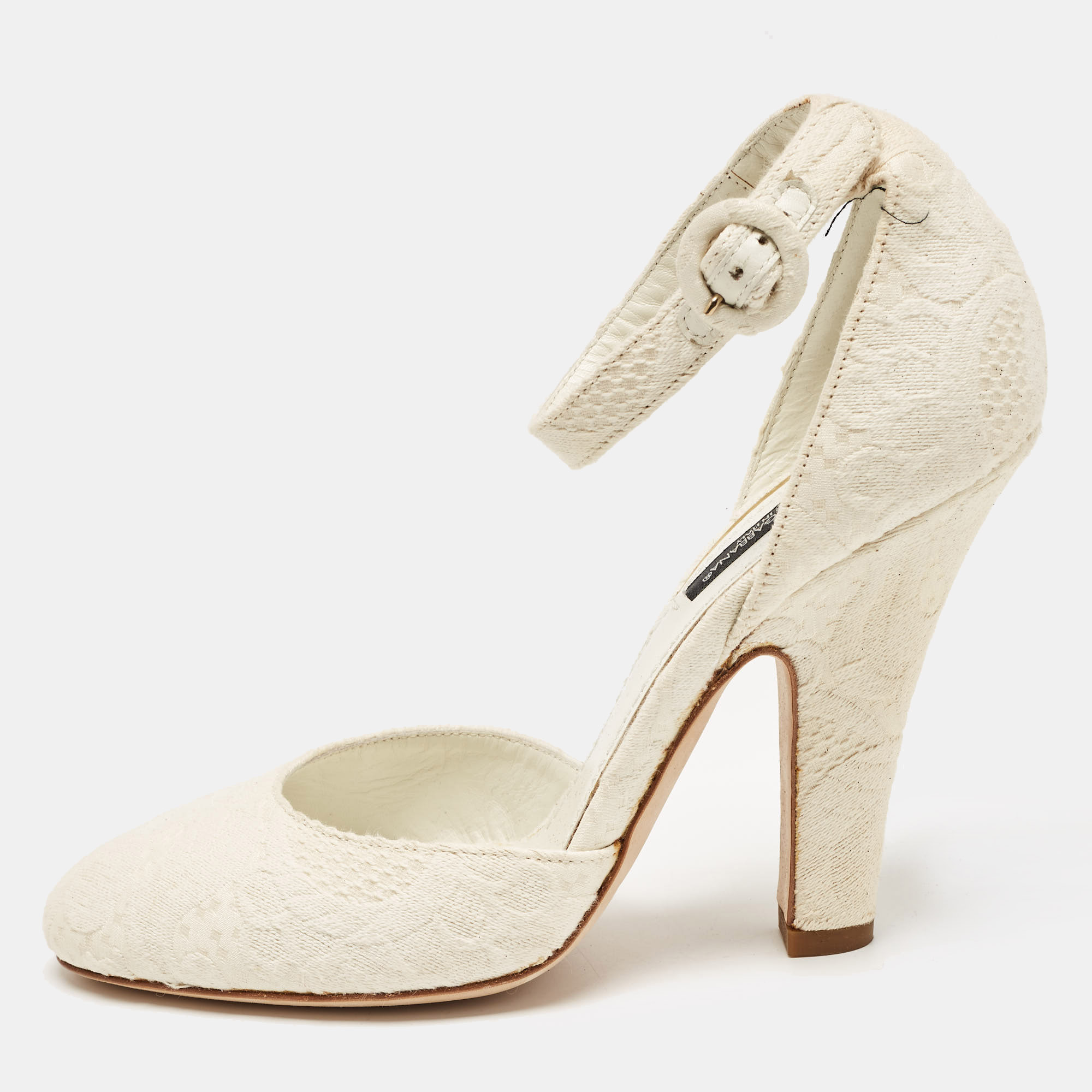 Pre-owned Dolce & Gabbana White Jacquard Ankle Strap Pumps Size 38